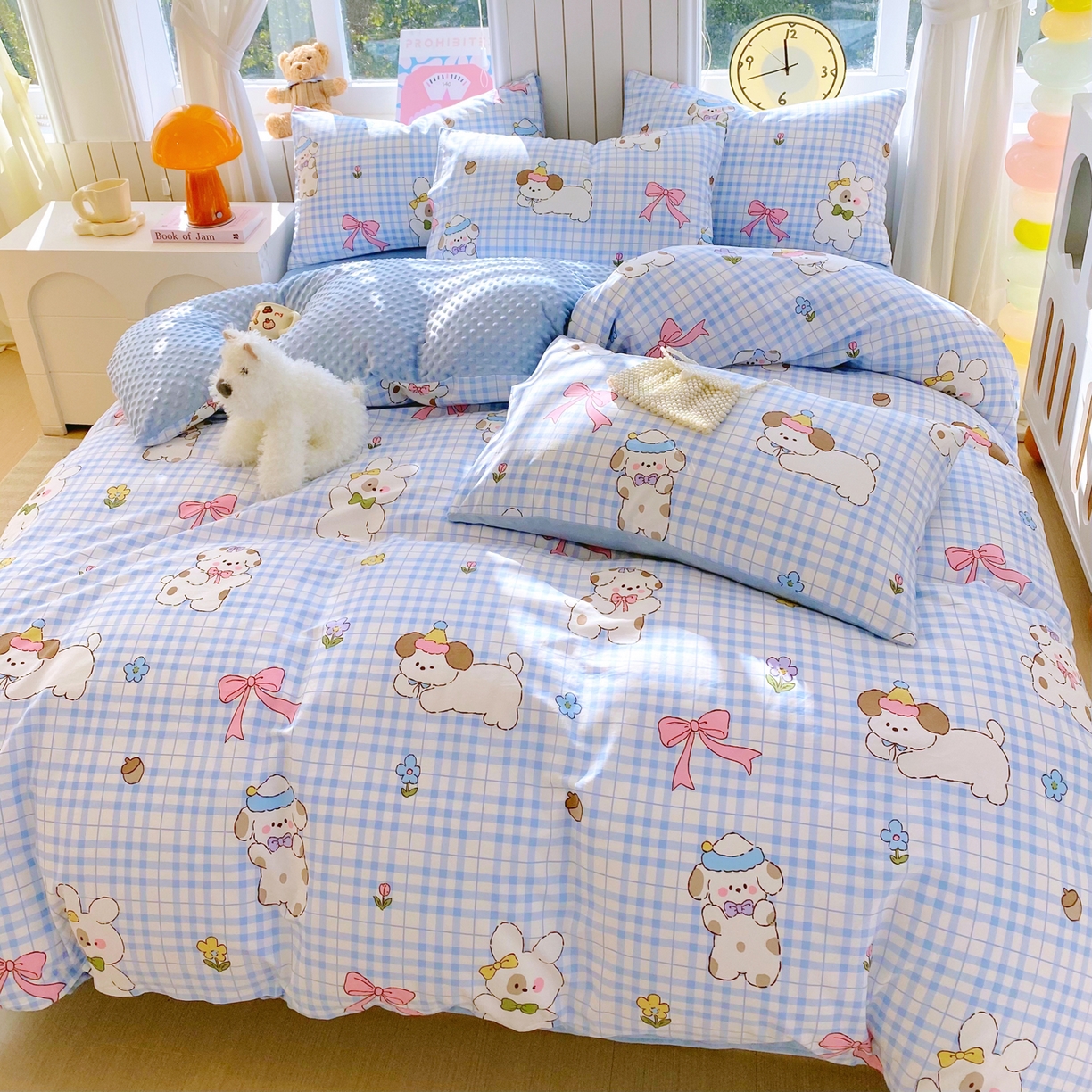 91家纺网 家纺一手货源 找家纺 金鑫汇家纺 2025新款全棉纯棉棉加豆豆绒棉加绒系列四件套 棉加豆豆绒-奶油小狗