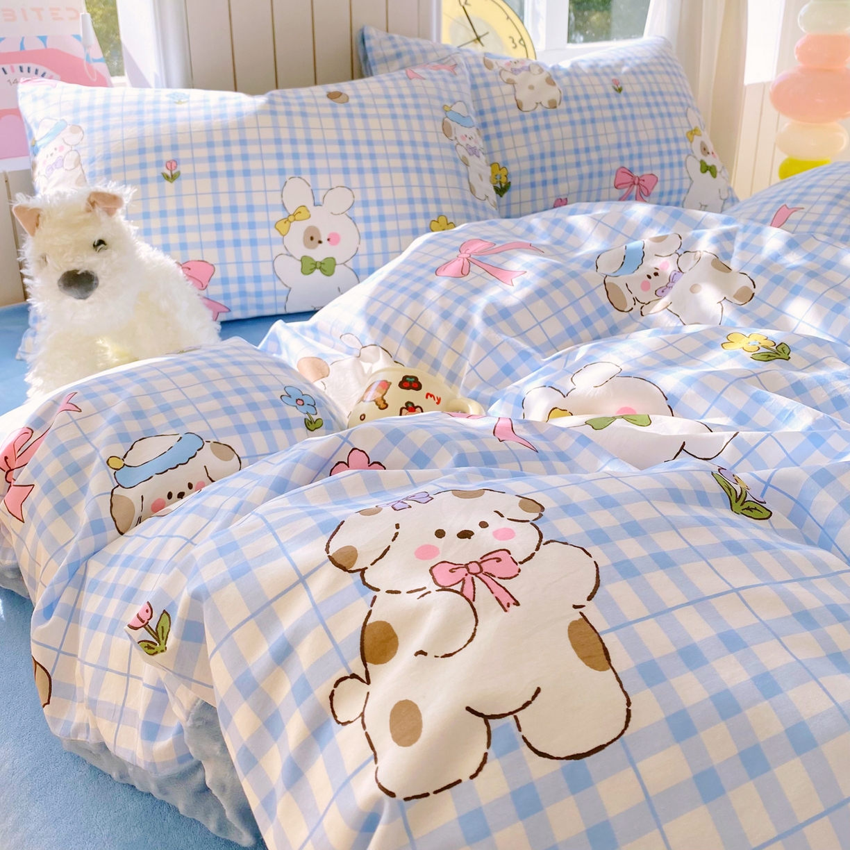 91家纺网 家纺一手货源 找家纺 金鑫汇家纺 2025新款全棉纯棉棉加豆豆绒棉加绒系列四件套 棉加豆豆绒-奶油小狗