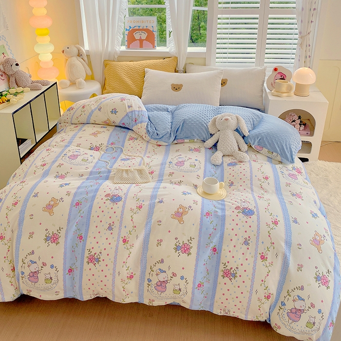 91家纺网 家纺一手货源 找家纺 金鑫汇家纺 2025新款全棉豆豆绒系列单被套-棉加绒系列 棉加豆豆绒-快乐萌兔