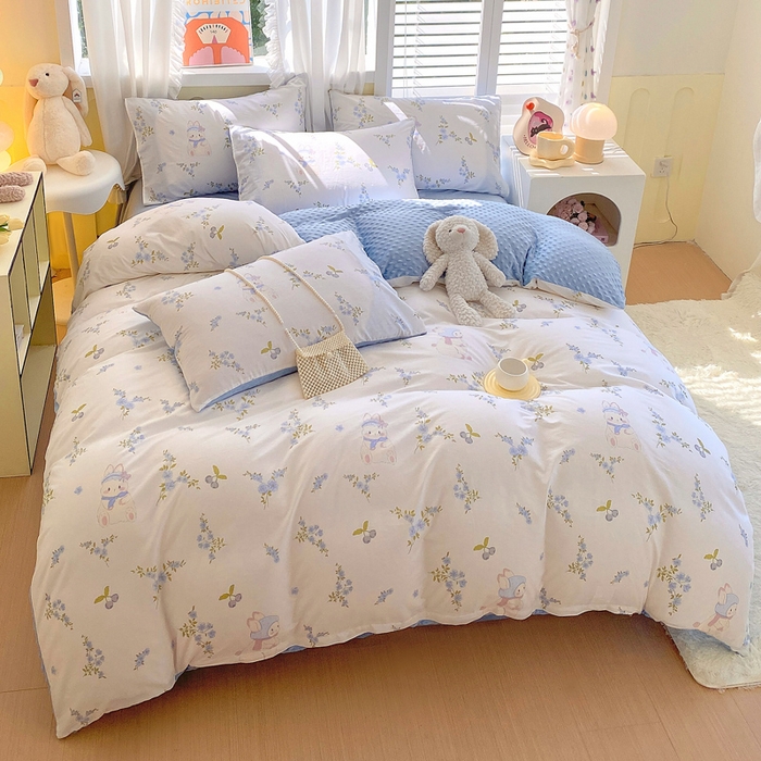 91家纺网 家纺一手货源 找家纺 金鑫汇家纺 2025新款全棉豆豆绒系列单被套-棉加绒系列 棉加豆豆绒-花丛兔