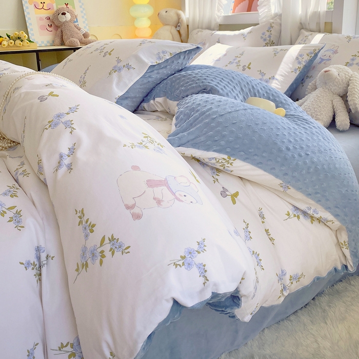 91家纺网 家纺一手货源 找家纺 金鑫汇家纺 2025新款全棉豆豆绒系列单被套-棉加绒系列 棉加豆豆绒-花丛兔