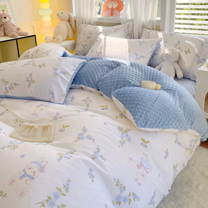 91家纺网 家纺一手货源 找家纺 金鑫汇家纺 2025新款全棉豆豆绒系列单被套-棉加绒系列 棉加豆豆绒-花丛兔