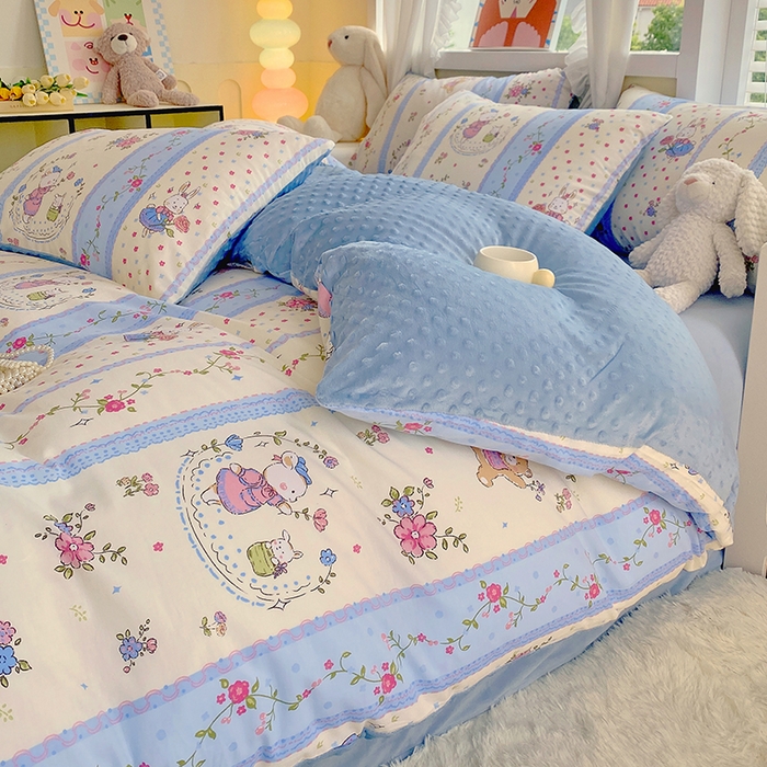 91家纺网 家纺一手货源 找家纺 金鑫汇家纺 2025新款全棉豆豆绒系列单被套-棉加绒系列 棉加豆豆绒-快乐萌兔