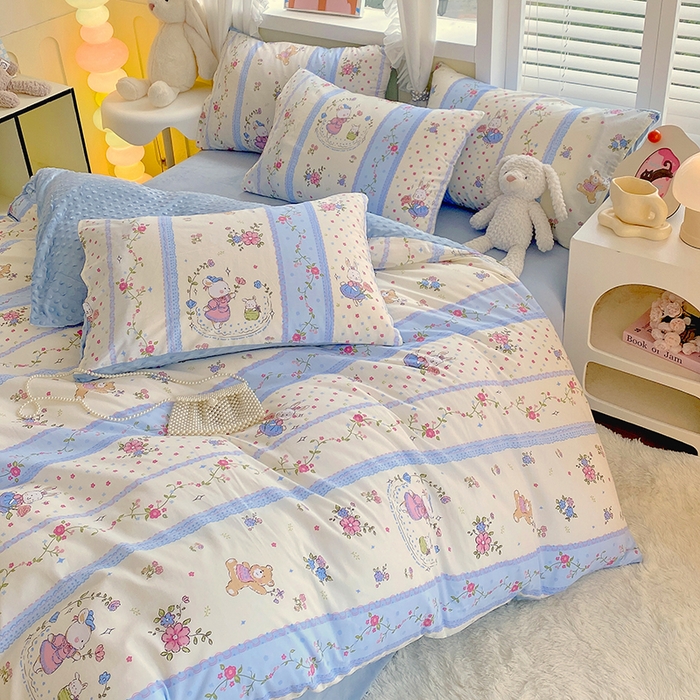 91家纺网 家纺一手货源 找家纺 金鑫汇家纺 2025新款全棉豆豆绒系列单被套-棉加绒系列 棉加豆豆绒-快乐萌兔