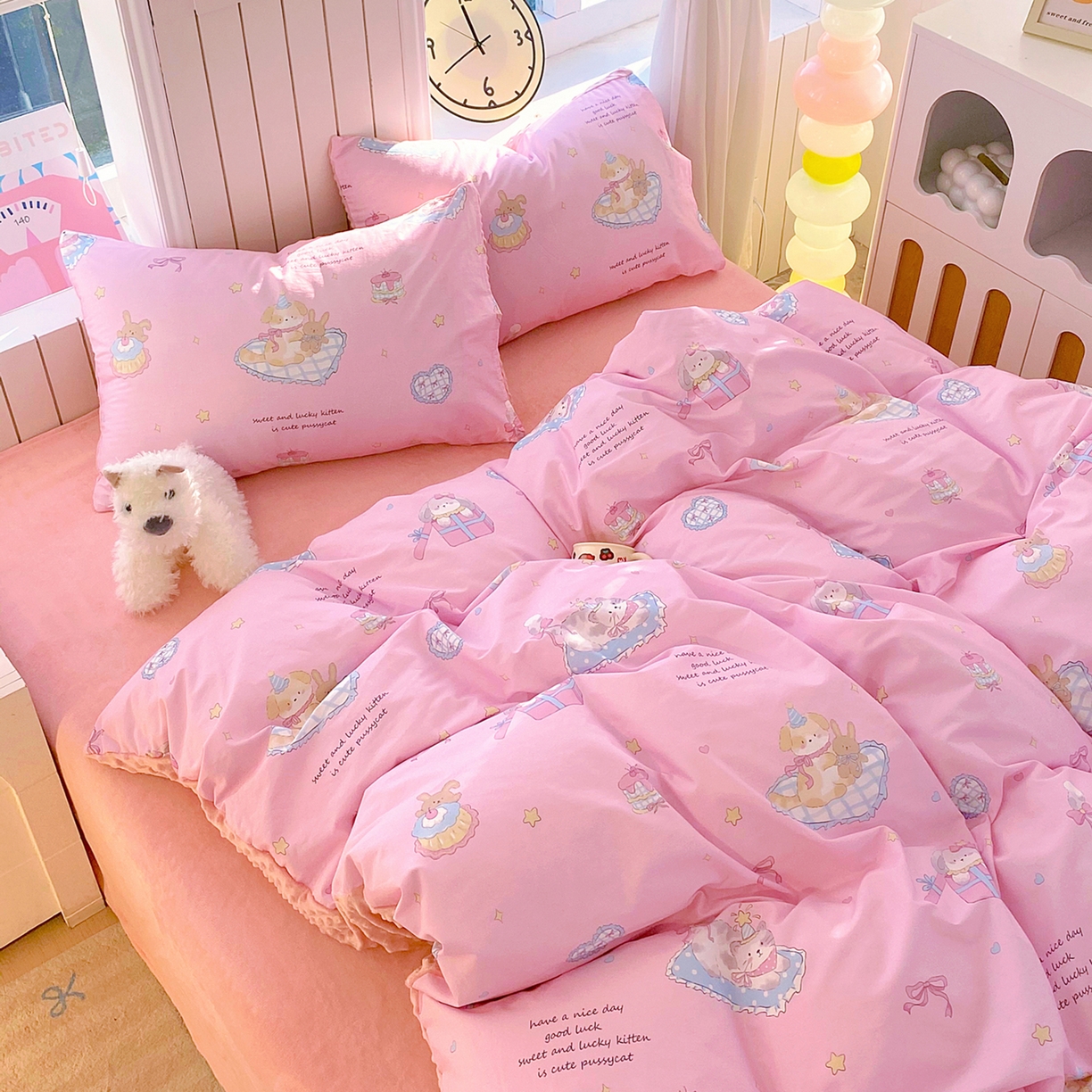 91家纺网 家纺一手货源 找家纺 金鑫汇家纺 2025新款全棉豆豆绒系列单被套-棉加绒系列 棉加豆豆绒-祈愿萌宠-粉