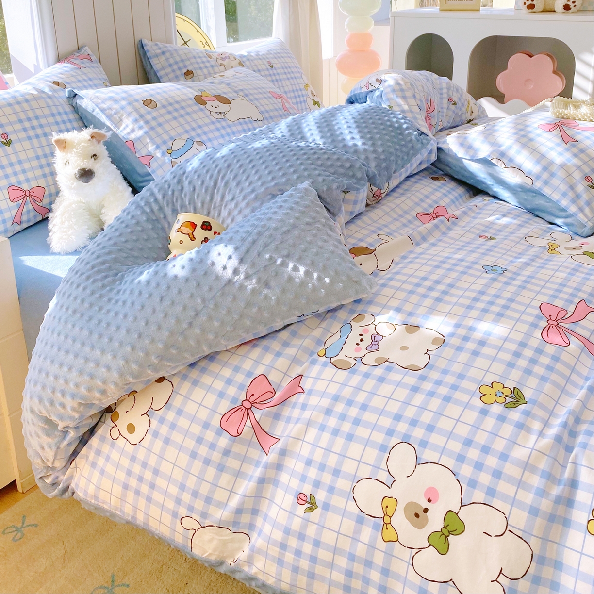 91家纺网 家纺一手货源 找家纺 金鑫汇家纺 2025新款全棉豆豆绒系列单被套-棉加绒系列 棉加豆豆绒-奶油小狗