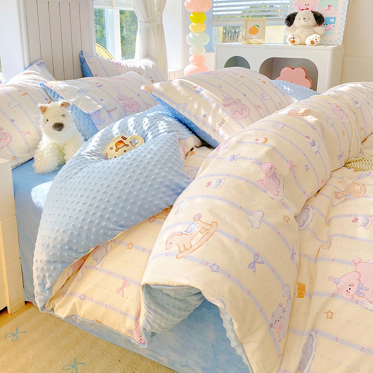 91家纺网 家纺一手货源 找家纺 金鑫汇家纺 2025新款全棉豆豆绒系列单被套-棉加绒系列 棉加豆豆绒-甜梦园-蓝