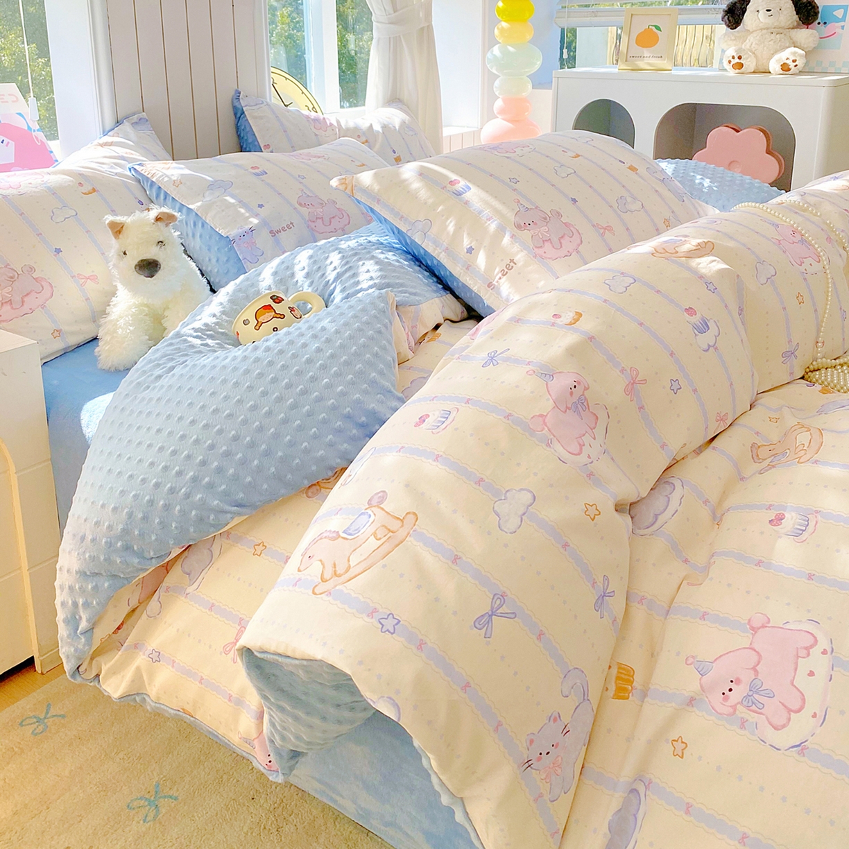 91家纺网 家纺一手货源 找家纺 金鑫汇家纺 2025新款全棉豆豆绒系列单被套-棉加绒系列 棉加豆豆绒-甜梦园-蓝