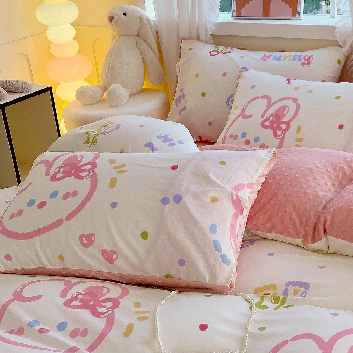 91家纺网 家纺一手货源 找家纺 金鑫汇家纺 2025新款全棉豆豆绒系列单枕套-棉加绒系列 棉加豆豆绒-奇趣小兔