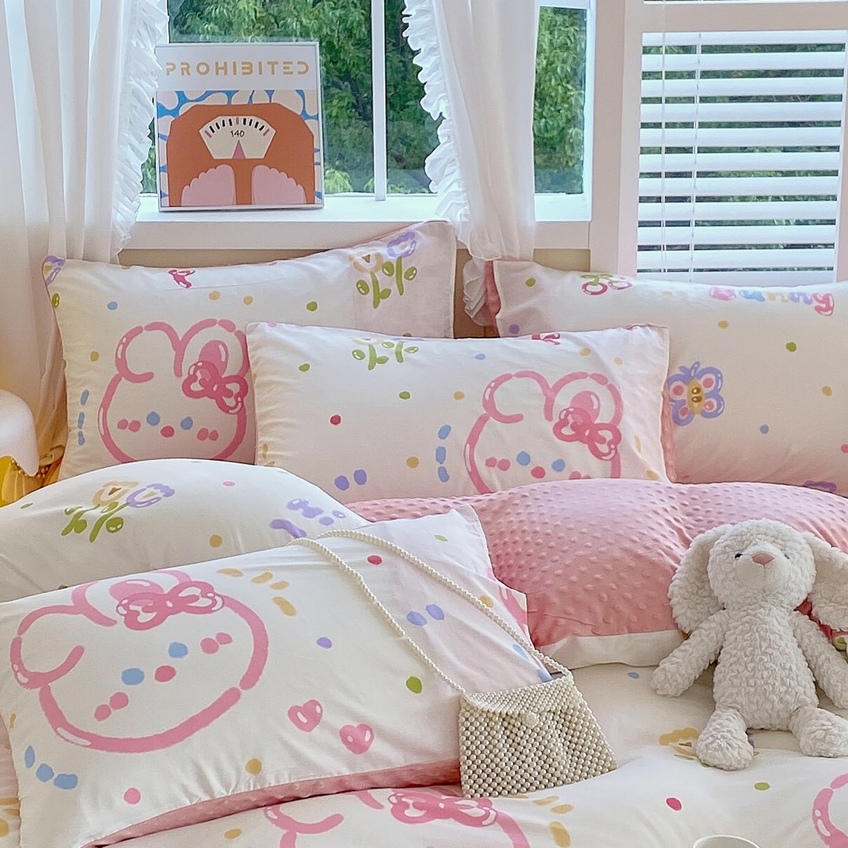 91家纺网 家纺一手货源 找家纺 金鑫汇家纺 2025新款全棉豆豆绒系列单枕套-棉加绒系列 棉加豆豆绒-奇趣小兔