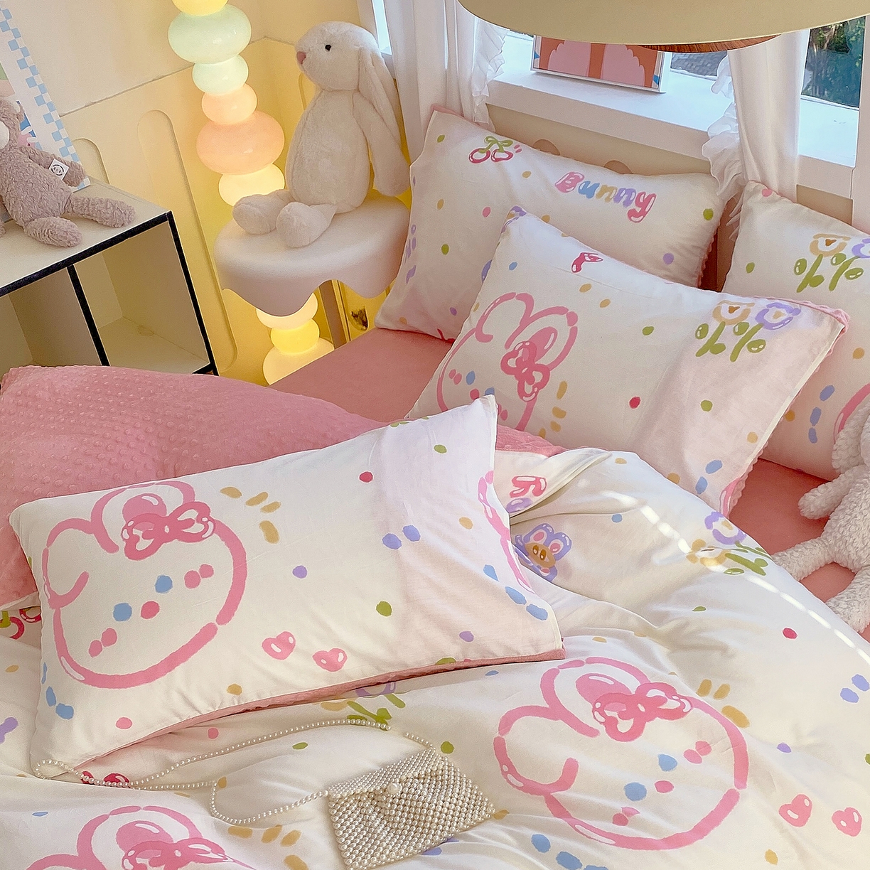 91家纺网 家纺一手货源 找家纺 金鑫汇家纺 2025新款全棉豆豆绒系列单枕套-棉加绒系列 棉加豆豆绒-奇趣小兔