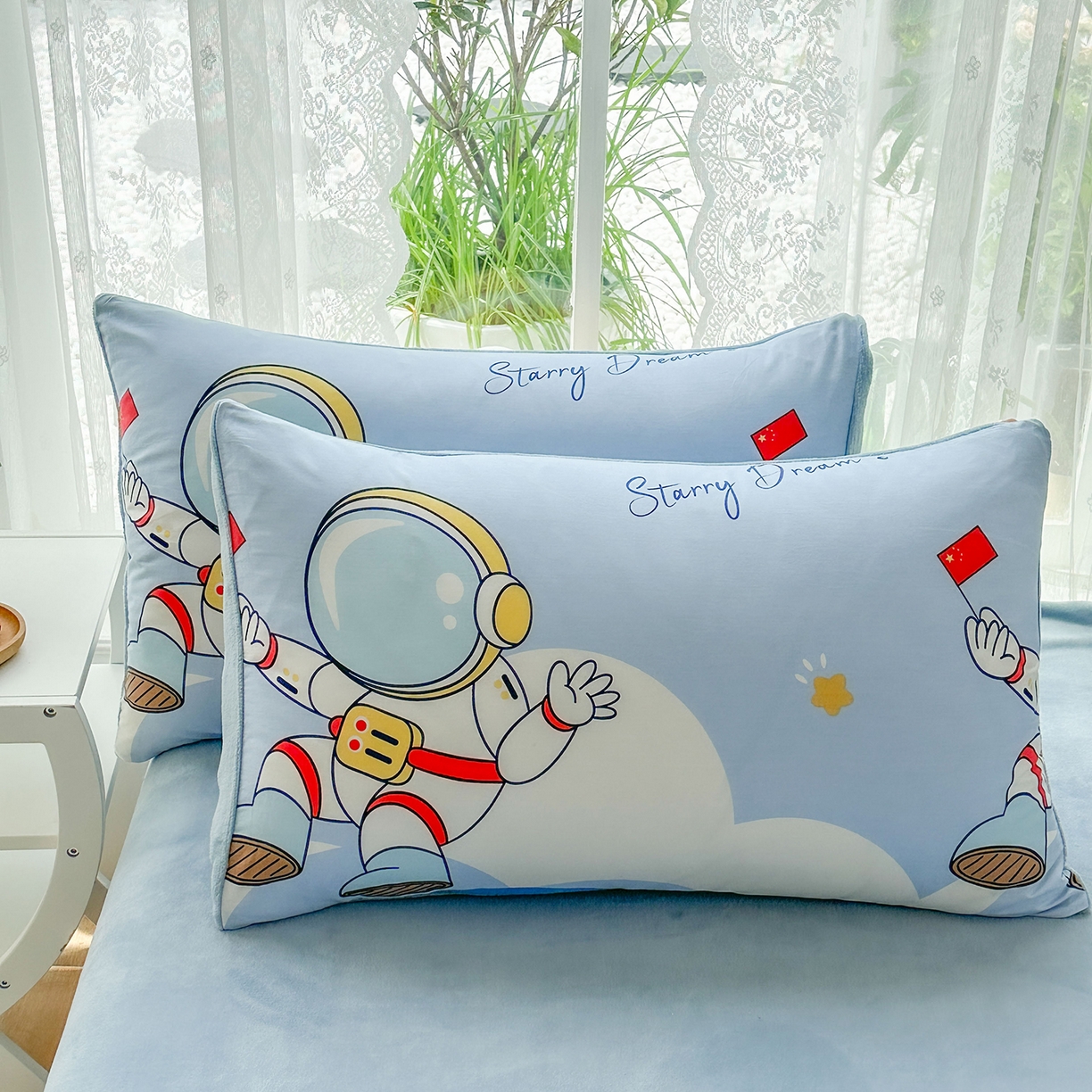 91家纺网 家纺一手货源 找家纺 金鑫汇家纺 2025新款全棉豆豆绒系列单枕套-棉加绒系列 棉加绒-翱翔太空