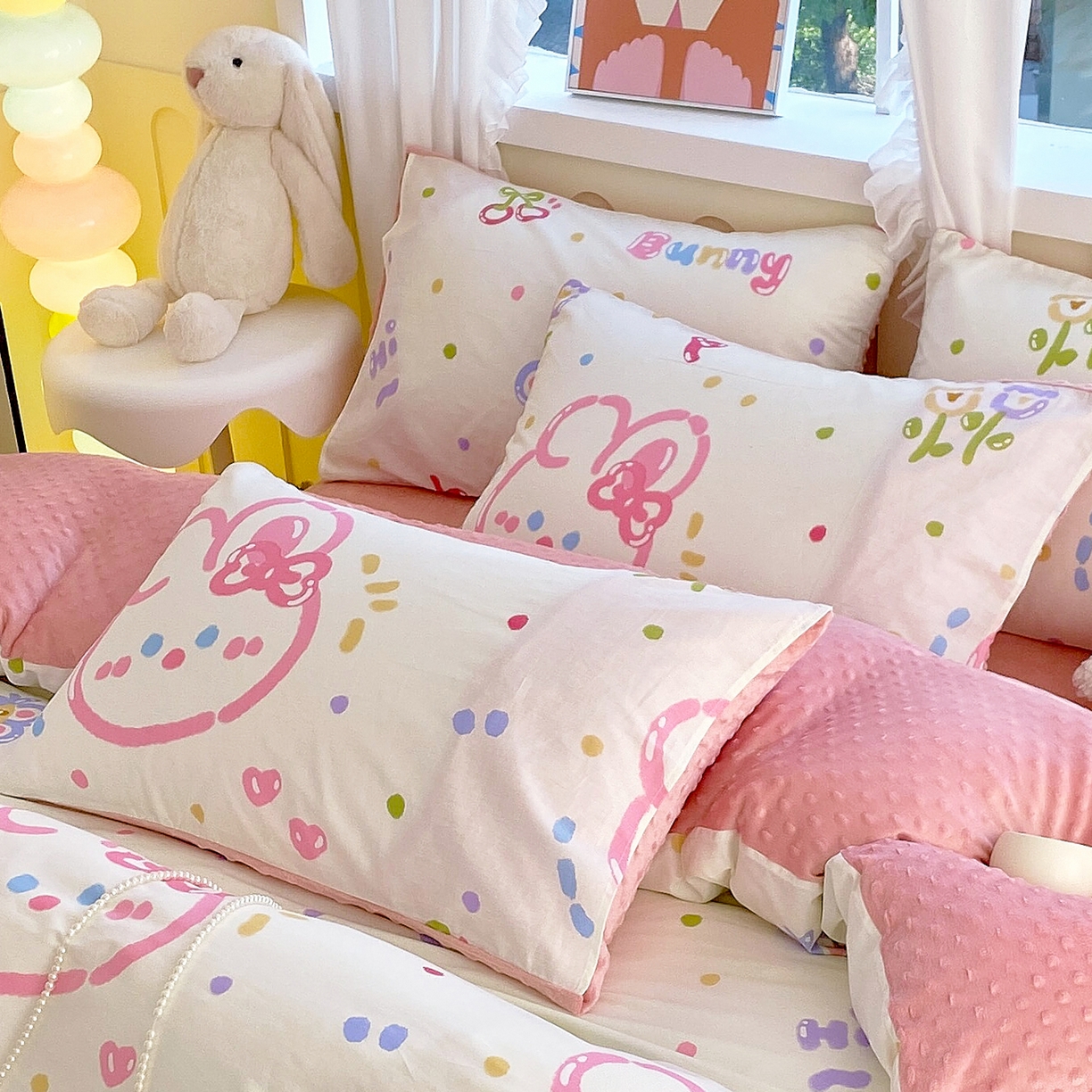 91家纺网 家纺一手货源 找家纺 金鑫汇家纺 2025新款全棉豆豆绒系列单枕套-棉加绒系列 棉加豆豆绒-奇趣小兔