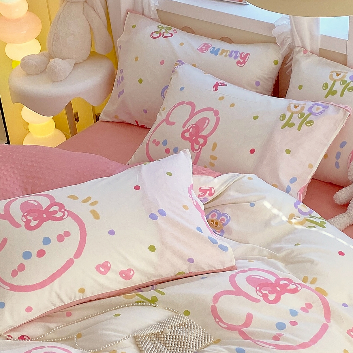 91家纺网 家纺一手货源 找家纺 金鑫汇家纺 2025新款全棉豆豆绒系列单枕套-棉加绒系列 棉加豆豆绒-奇趣小兔