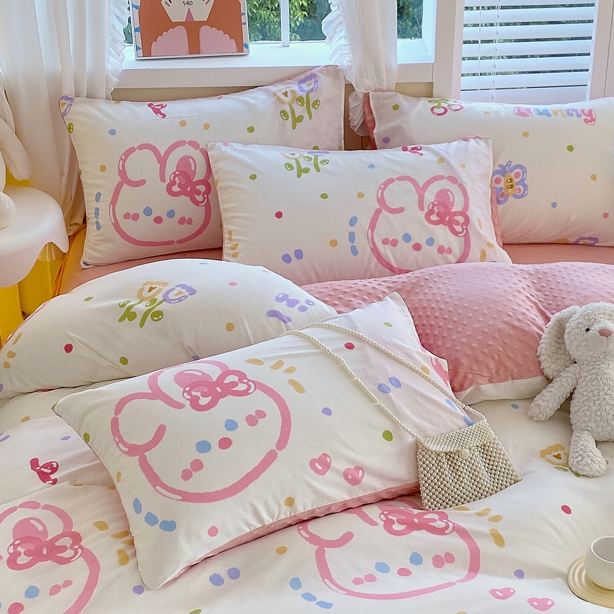 91家纺网 家纺一手货源 找家纺 金鑫汇家纺 2025新款全棉豆豆绒系列单枕套-棉加绒系列 棉加豆豆绒-奇趣小兔