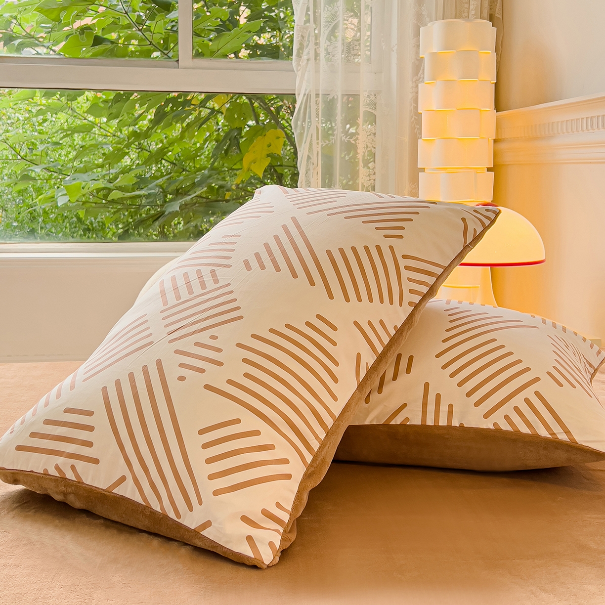 91家纺网 家纺一手货源 找家纺 金鑫汇家纺 2025新款全棉豆豆绒系列单枕套-棉加绒系列 棉加绒-简格卡其