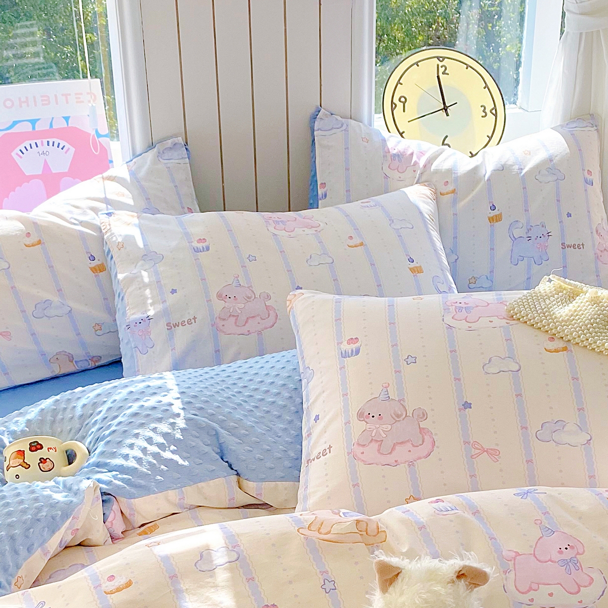 91家纺网 家纺一手货源 找家纺 金鑫汇家纺 2025新款全棉豆豆绒系列单枕套-棉加绒系列 棉加豆豆绒-甜梦园蓝