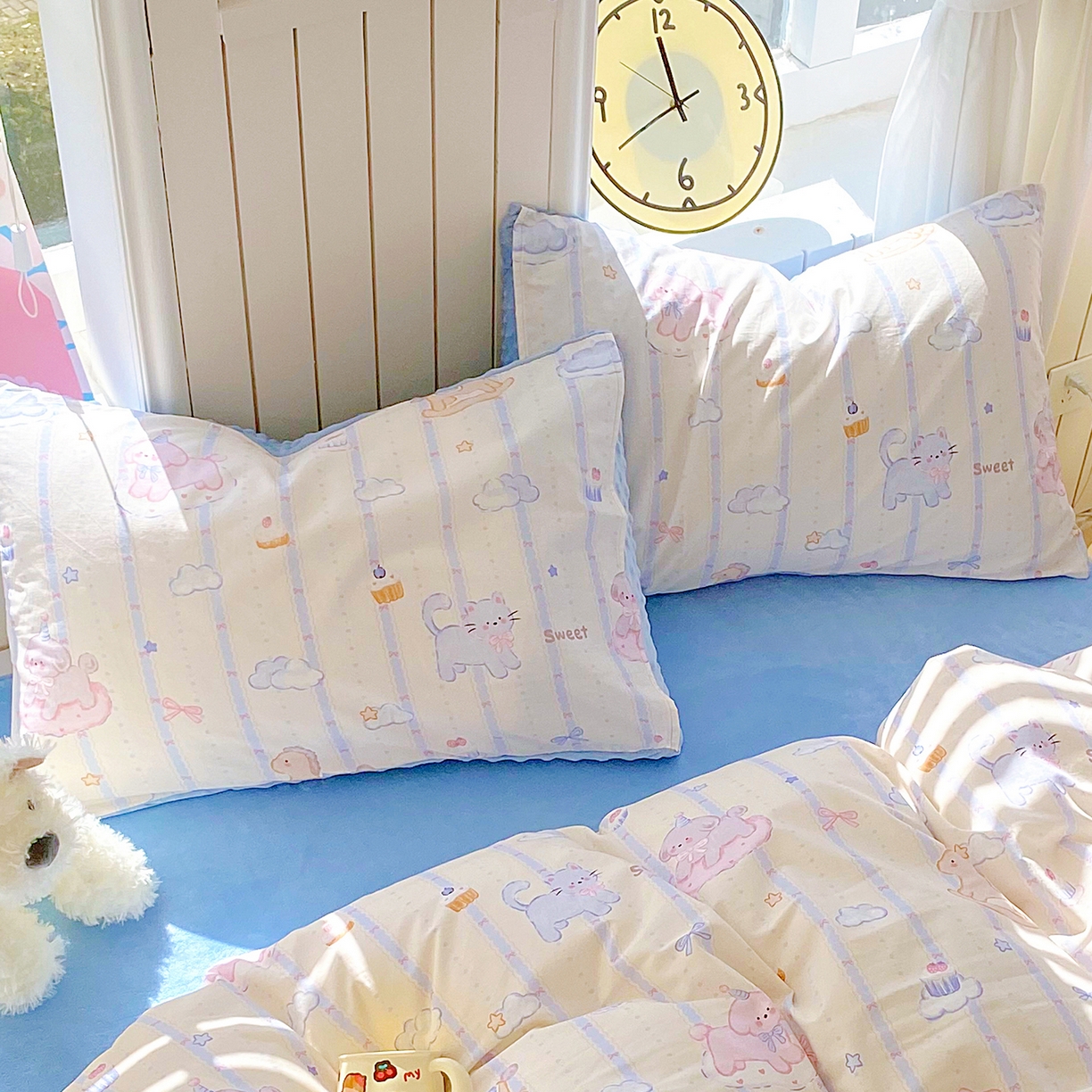 91家纺网 家纺一手货源 找家纺 金鑫汇家纺 2025新款全棉豆豆绒系列单枕套-棉加绒系列 棉加豆豆绒-甜梦园蓝