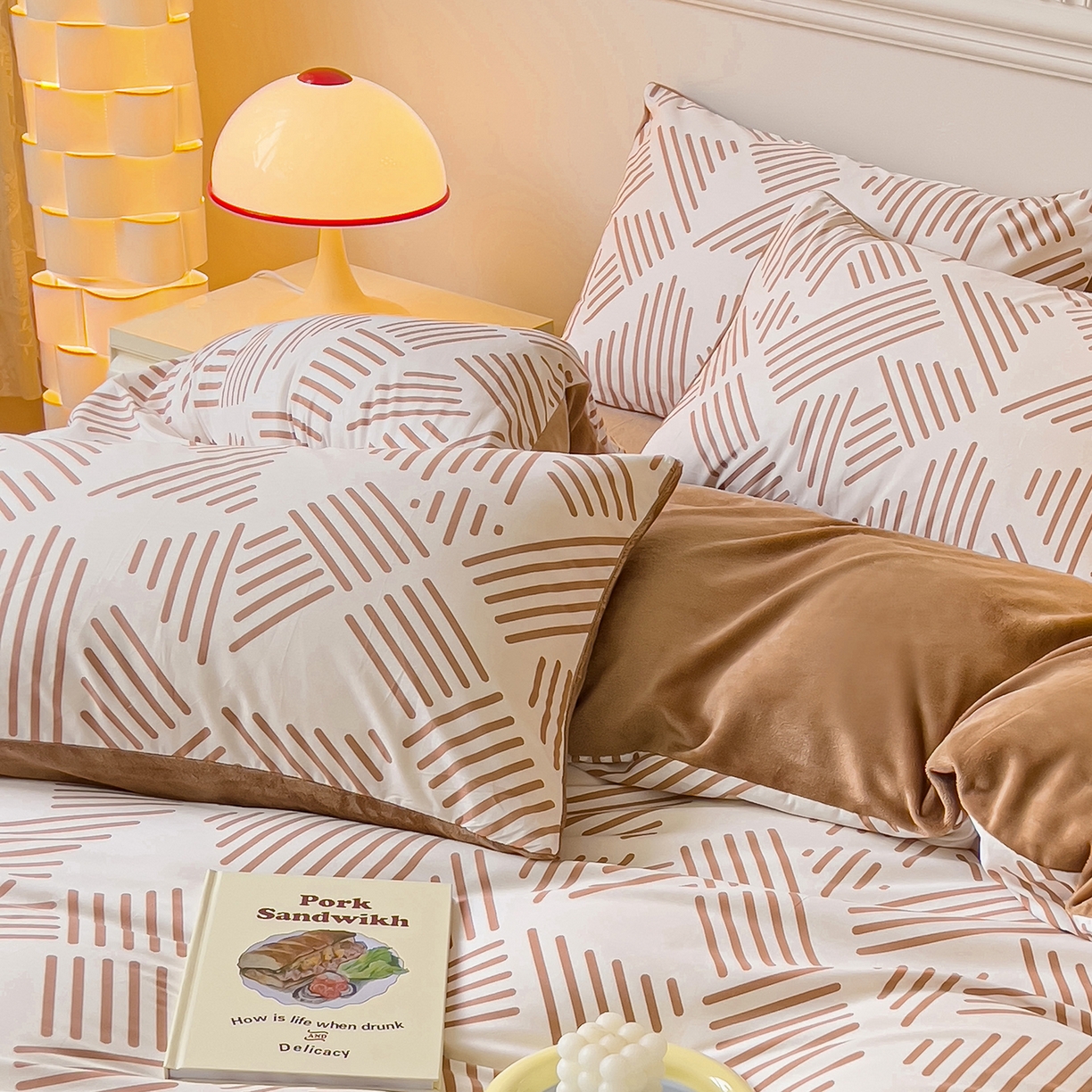 91家纺网 家纺一手货源 找家纺 金鑫汇家纺 2025新款全棉豆豆绒系列单枕套-棉加绒系列 棉加绒-简格卡其