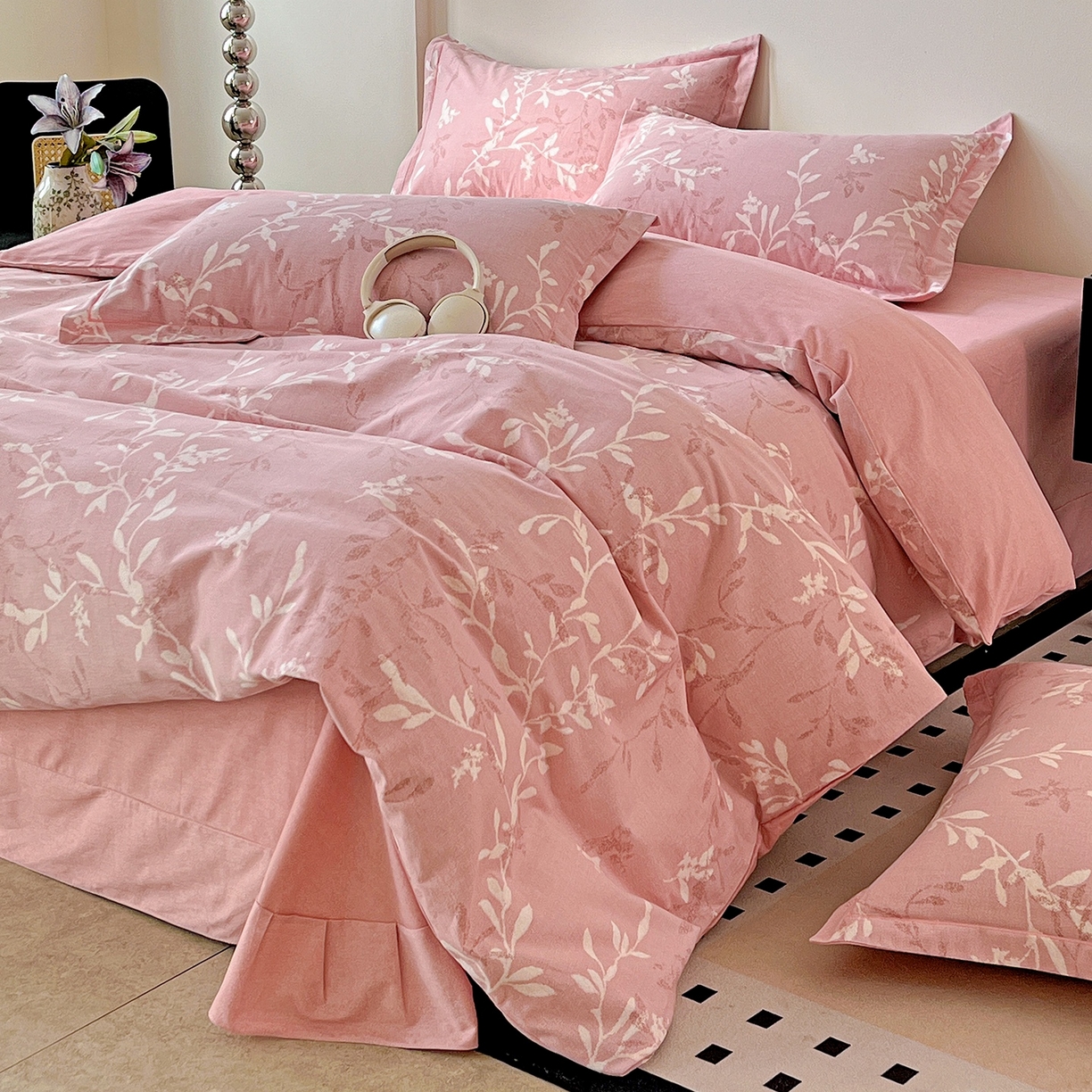 91家纺网 家纺一手货源 找家纺 亿梵家居 2026新款全棉纯棉磨毛四件套 春和景明-粉