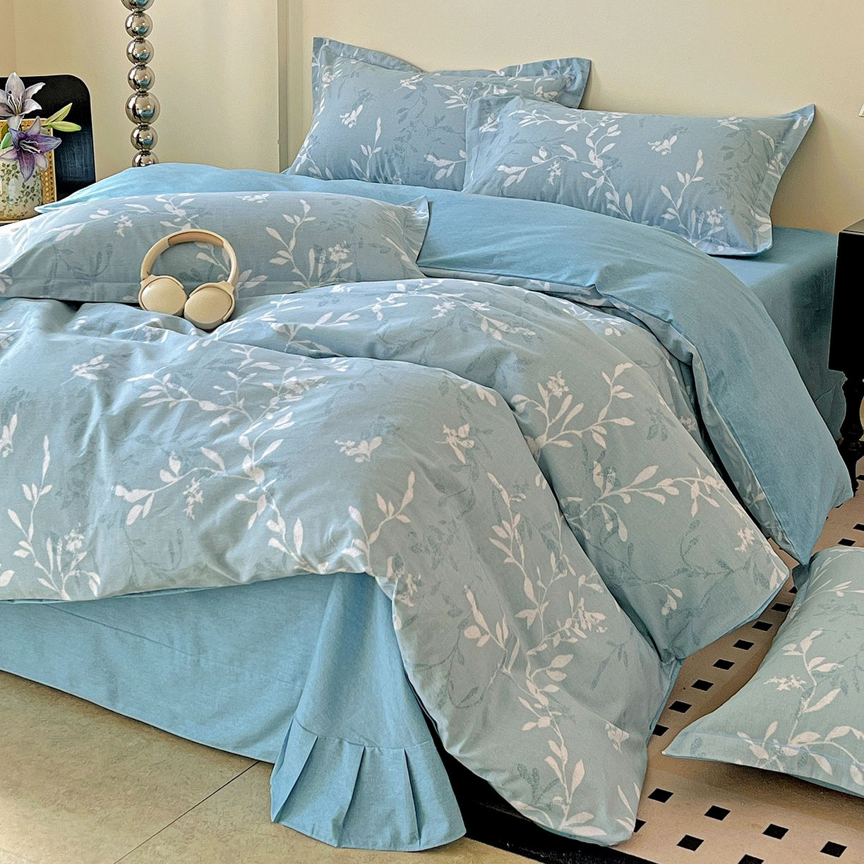 91家纺网 家纺一手货源 找家纺 亿梵家居 2026新款全棉纯棉磨毛四件套 春和景明-蓝