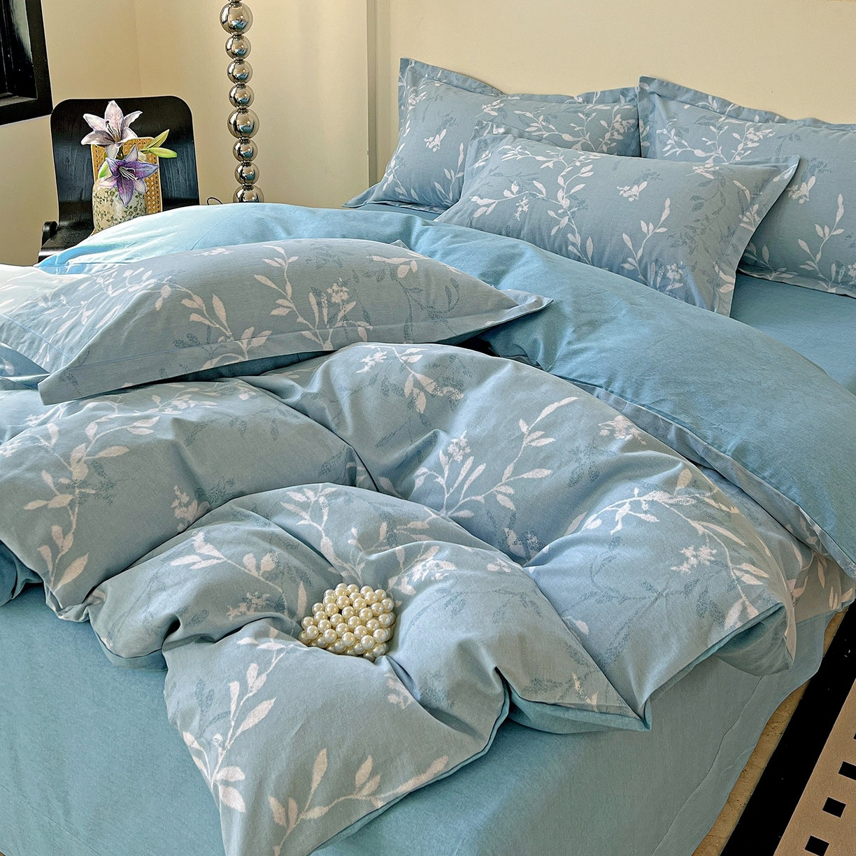 91家纺网 家纺一手货源 找家纺 亿梵家居 2026新款全棉纯棉磨毛四件套 春和景明-蓝