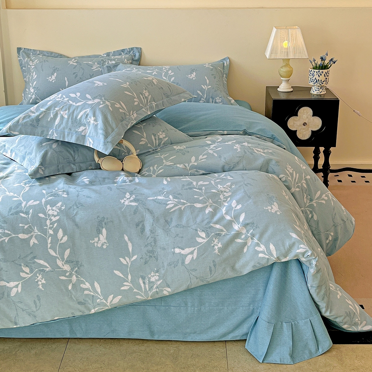 91家纺网 家纺一手货源 找家纺 亿梵家居 2026新款全棉纯棉磨毛四件套 春和景明-蓝