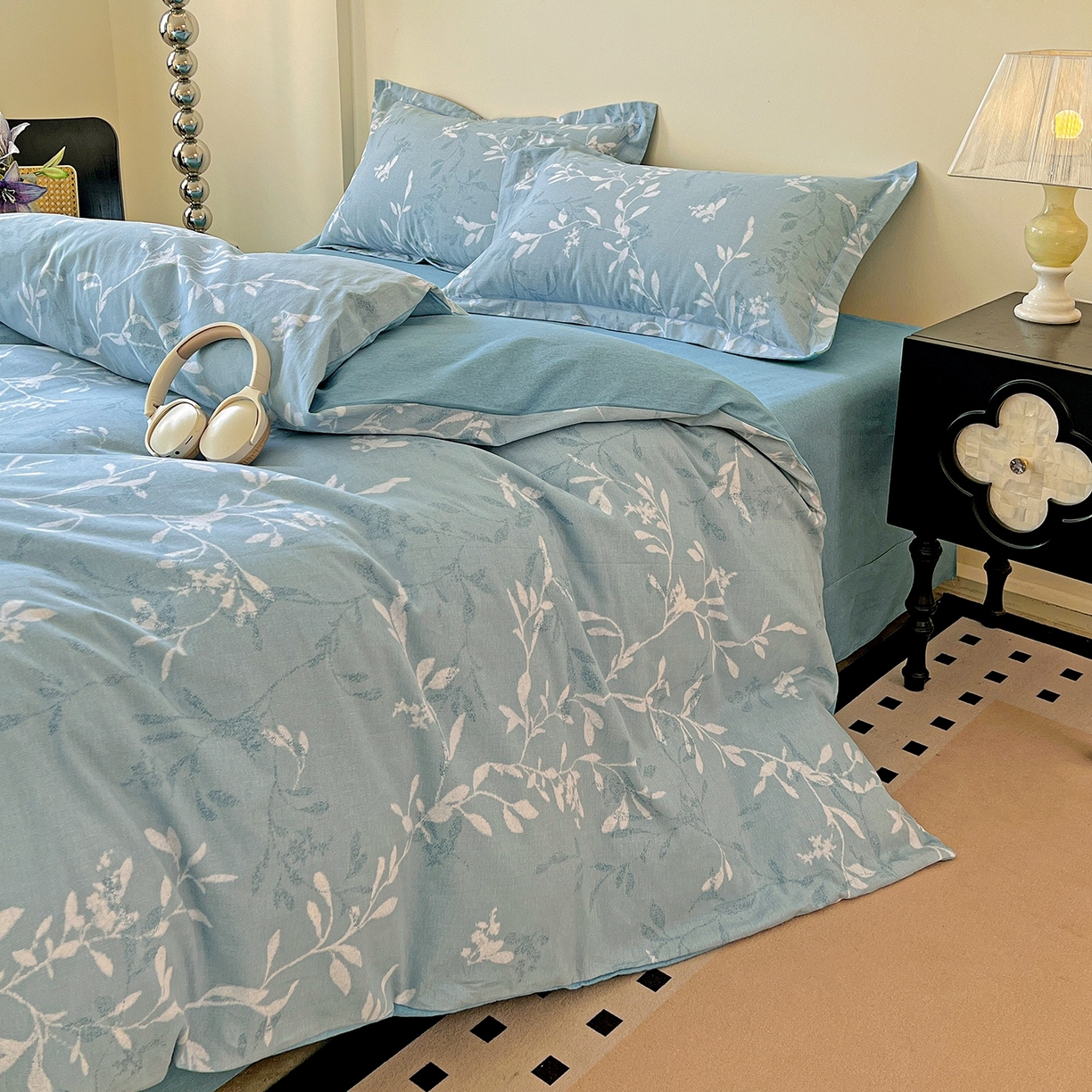 91家纺网 家纺一手货源 找家纺 亿梵家居 2026新款全棉纯棉磨毛四件套 春和景明-蓝