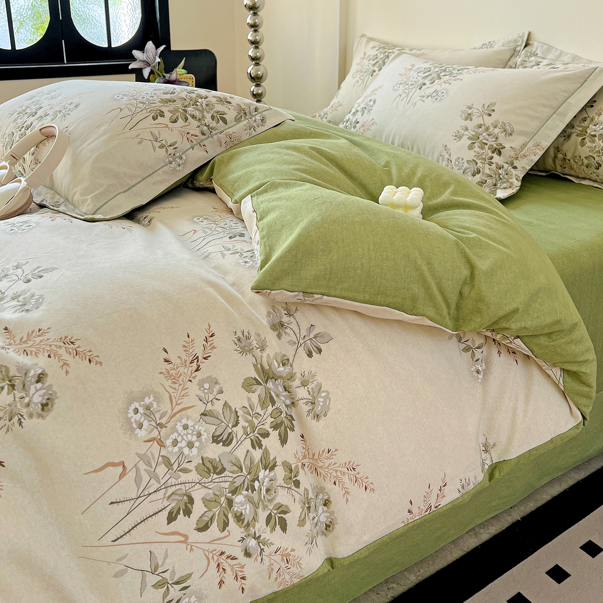 91家纺网 家纺一手货源 找家纺 亿梵家居 2026新款全棉纯棉磨毛四件套 繁花-绿