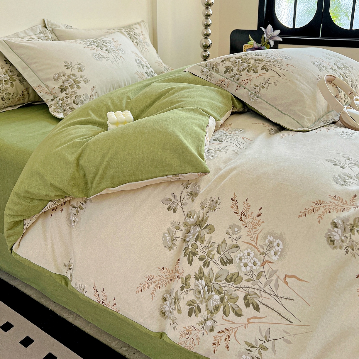 91家纺网 家纺一手货源 找家纺 亿梵家居 2026新款全棉纯棉磨毛四件套 繁花-绿