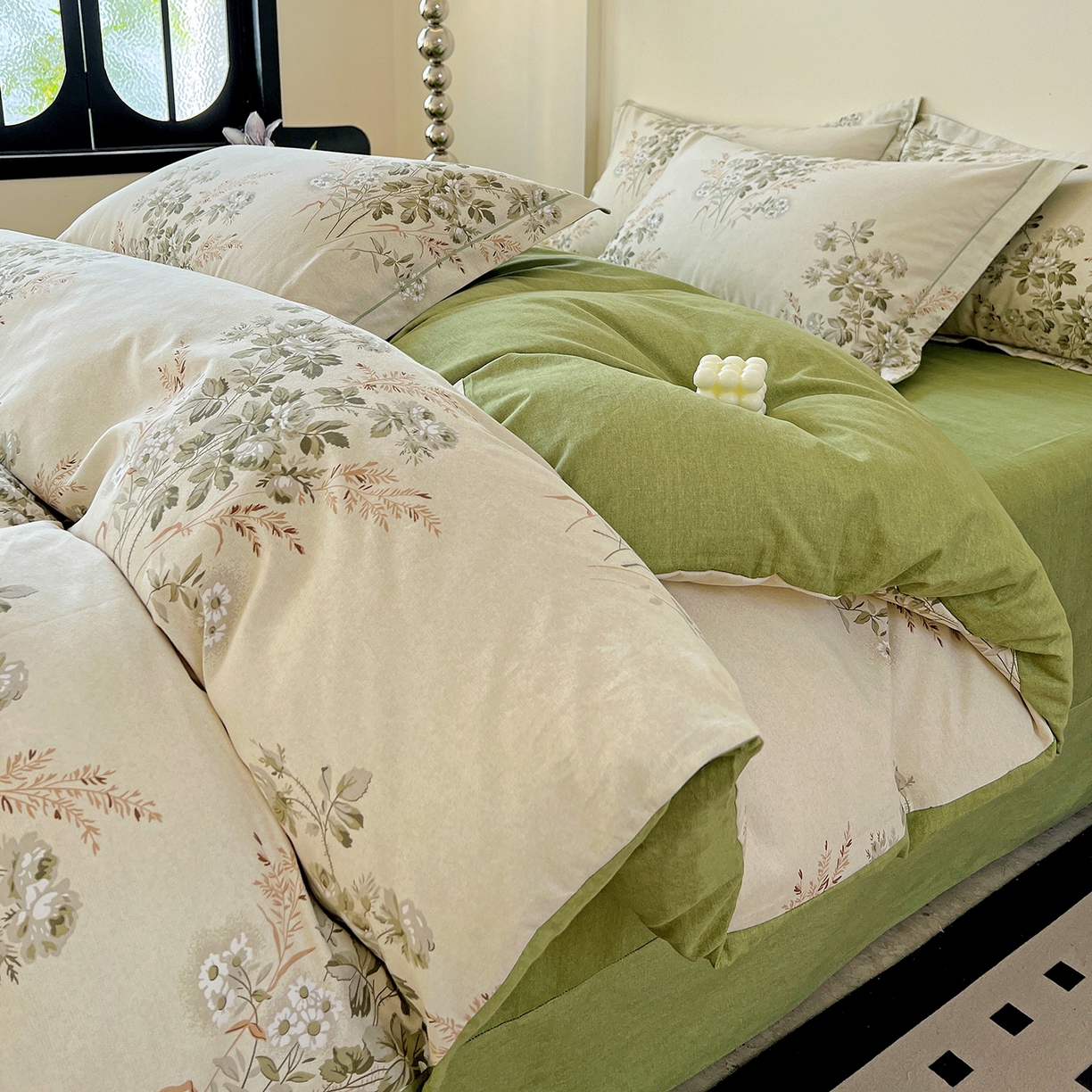 91家纺网 家纺一手货源 找家纺 亿梵家居 2026新款全棉纯棉磨毛四件套 繁花-绿