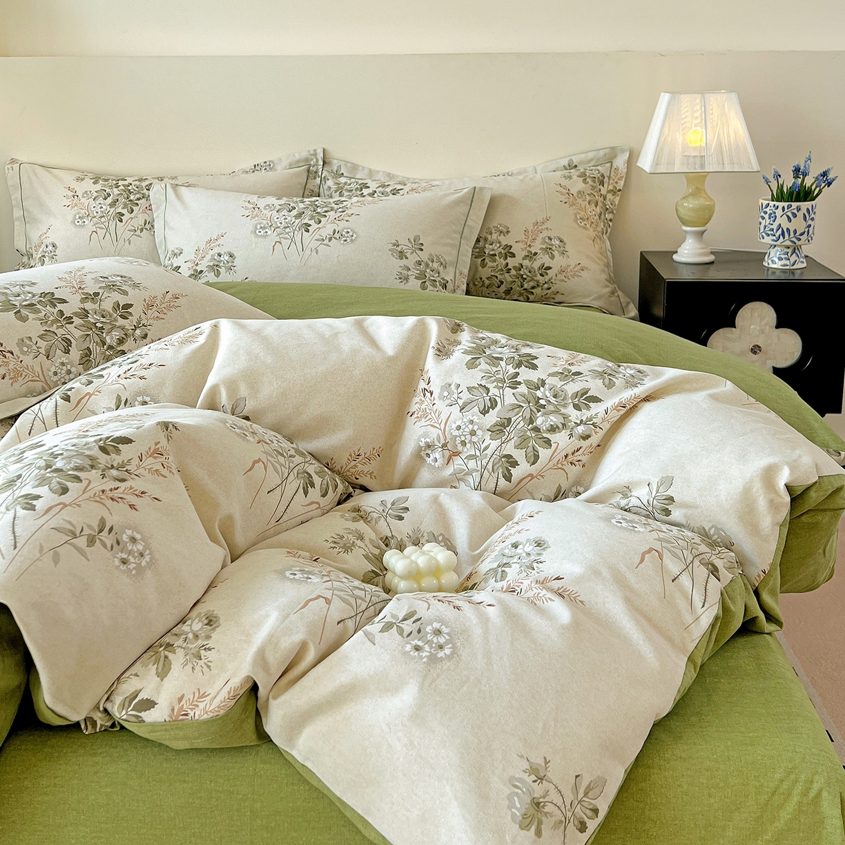 91家纺网 家纺一手货源 找家纺 亿梵家居 2026新款全棉纯棉磨毛四件套 繁花-绿