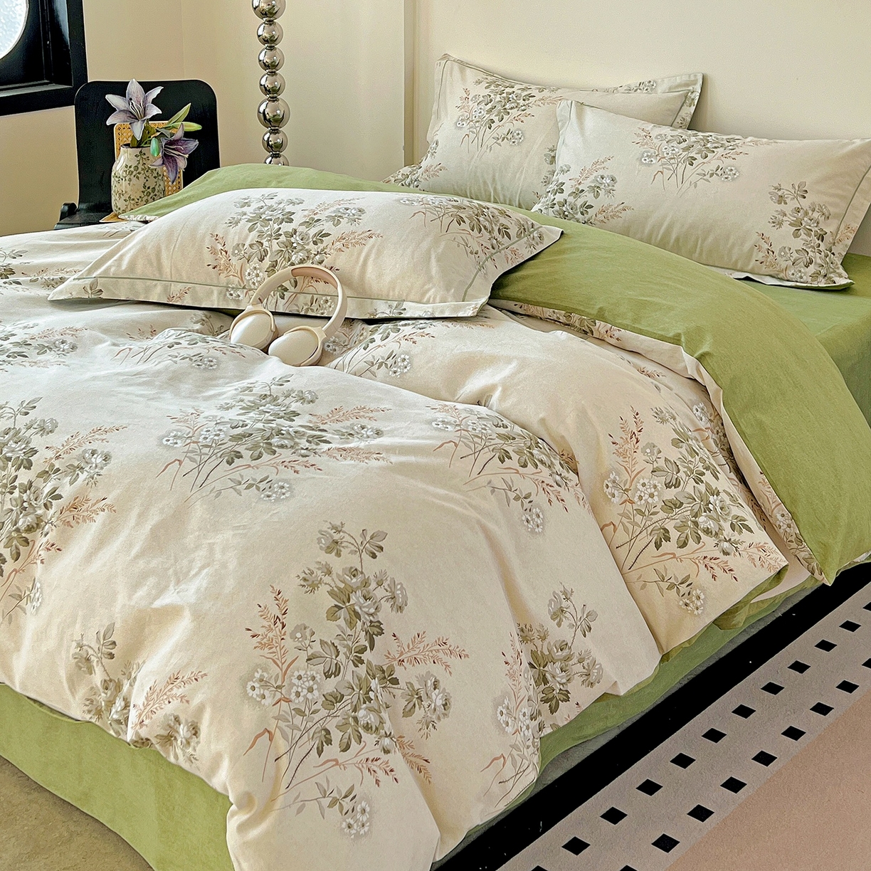 91家纺网 家纺一手货源 找家纺 亿梵家居 2026新款全棉纯棉磨毛四件套 繁花-绿