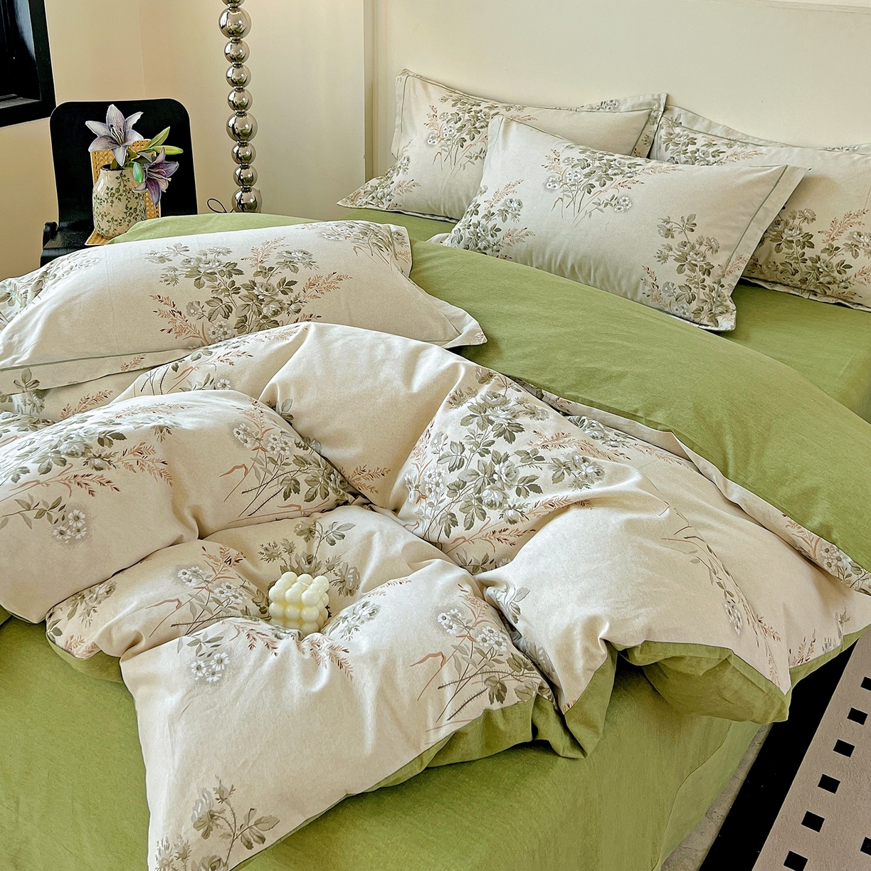 91家纺网 家纺一手货源 找家纺 亿梵家居 2026新款全棉纯棉磨毛四件套 繁花-绿