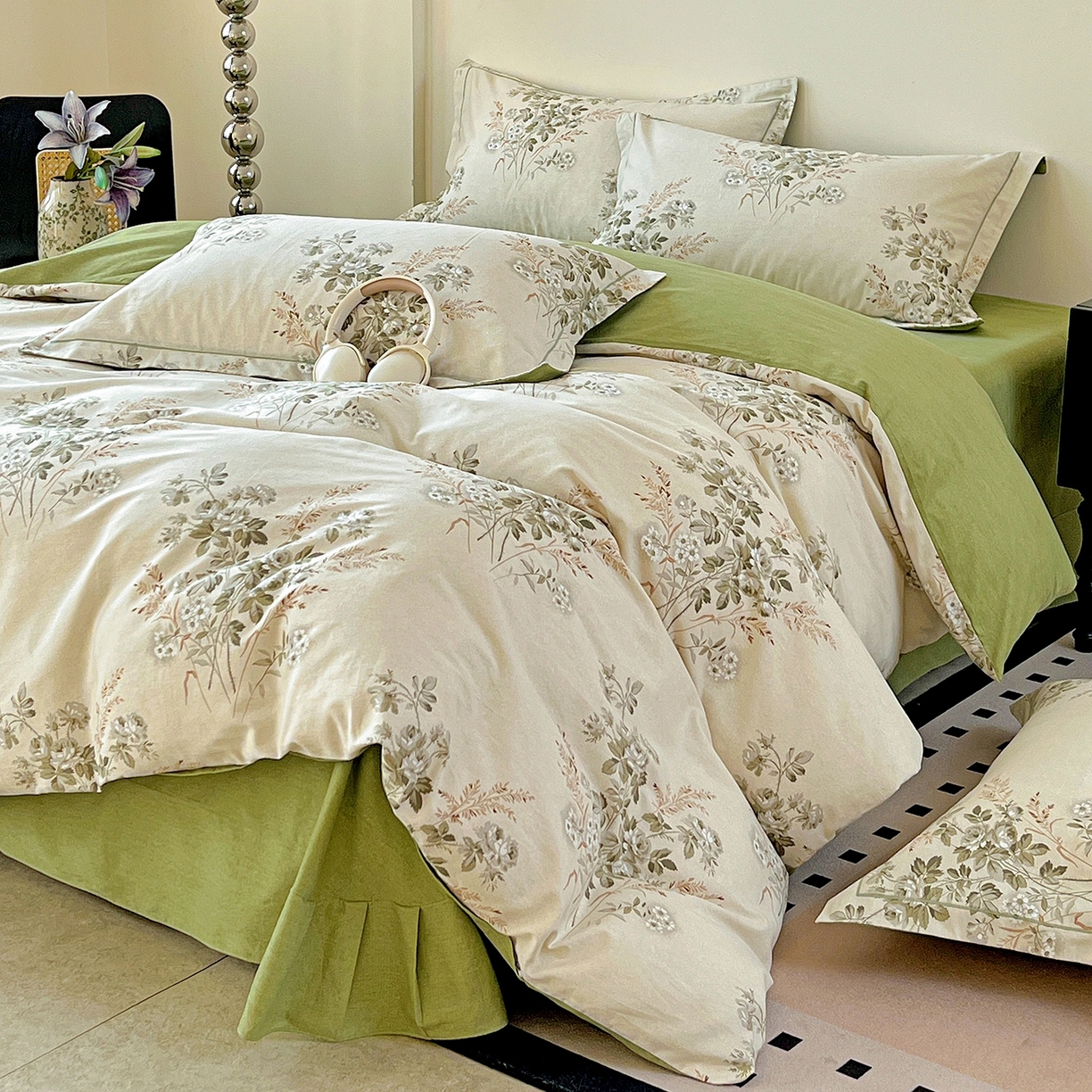 91家纺网 家纺一手货源 找家纺 亿梵家居 2026新款全棉纯棉磨毛四件套 繁花-绿