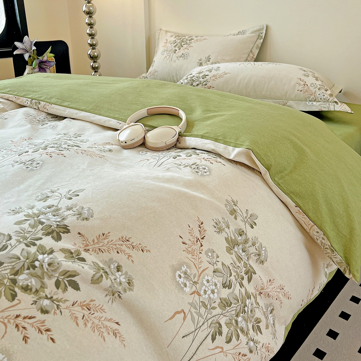 91家纺网 家纺一手货源 找家纺 亿梵家居 2026新款全棉纯棉磨毛四件套 繁花-绿