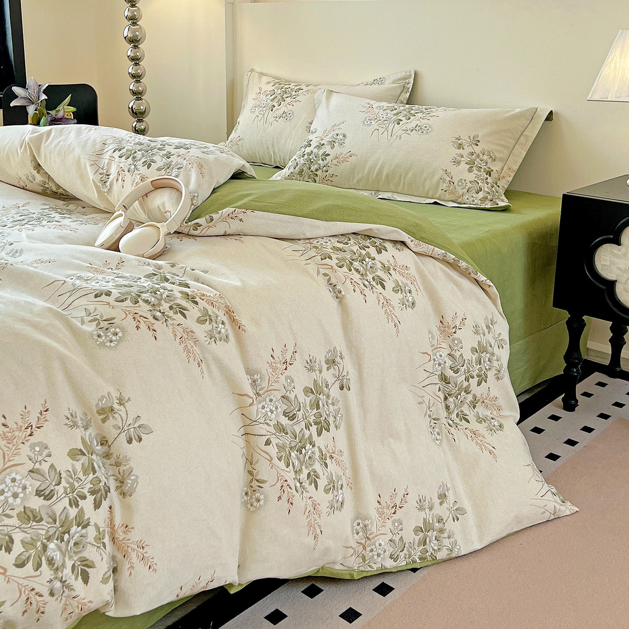 91家纺网 家纺一手货源 找家纺 亿梵家居 2026新款全棉纯棉磨毛四件套 繁花-绿