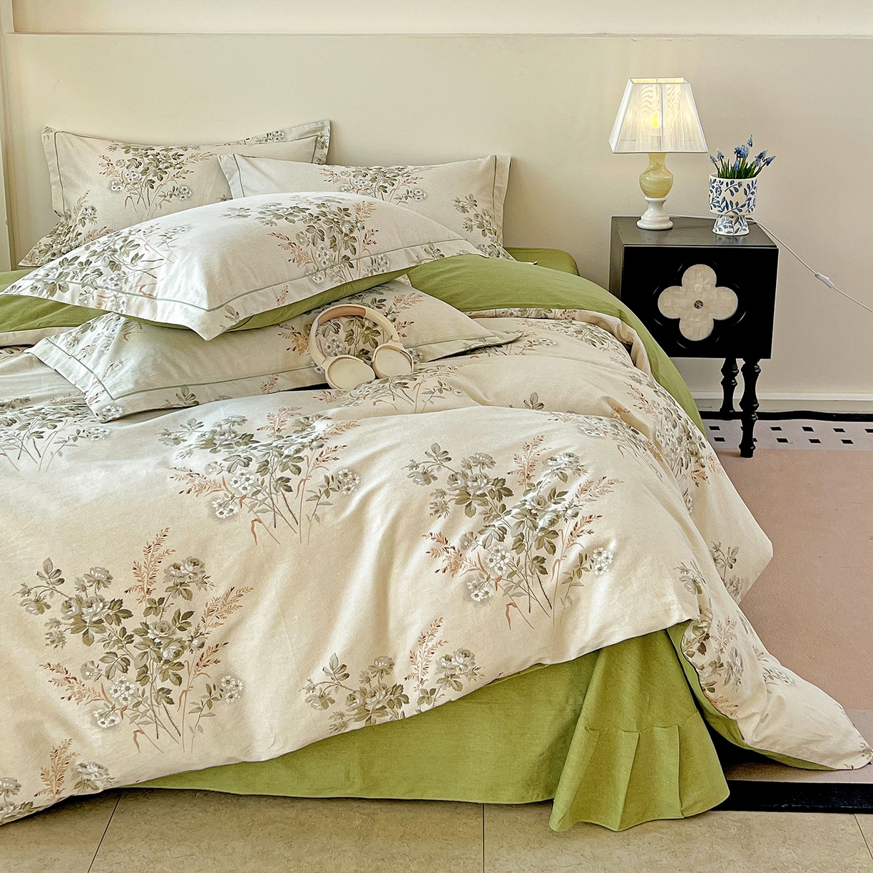 91家纺网 家纺一手货源 找家纺 亿梵家居 2026新款全棉纯棉磨毛四件套 繁花-绿