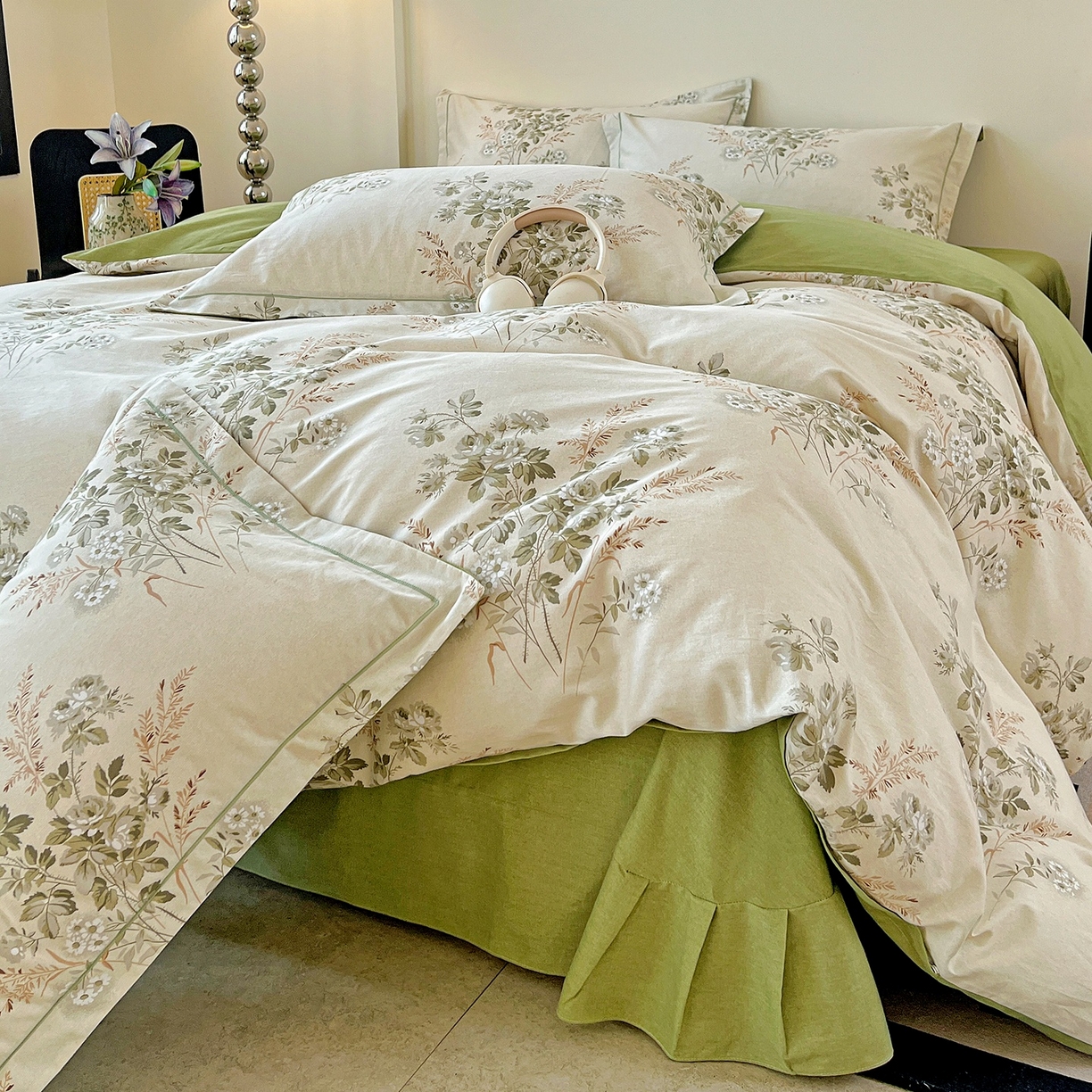 91家纺网 家纺一手货源 找家纺 亿梵家居 2026新款全棉纯棉磨毛四件套 繁花-绿