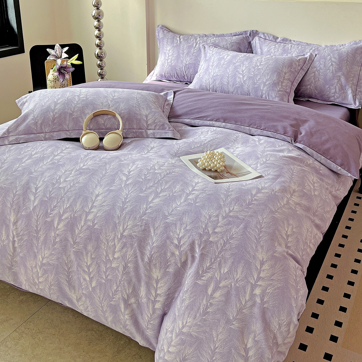 91家纺网 家纺一手货源 找家纺 亿梵家居 2026新款全棉纯棉磨毛四件套 丰收季节-紫