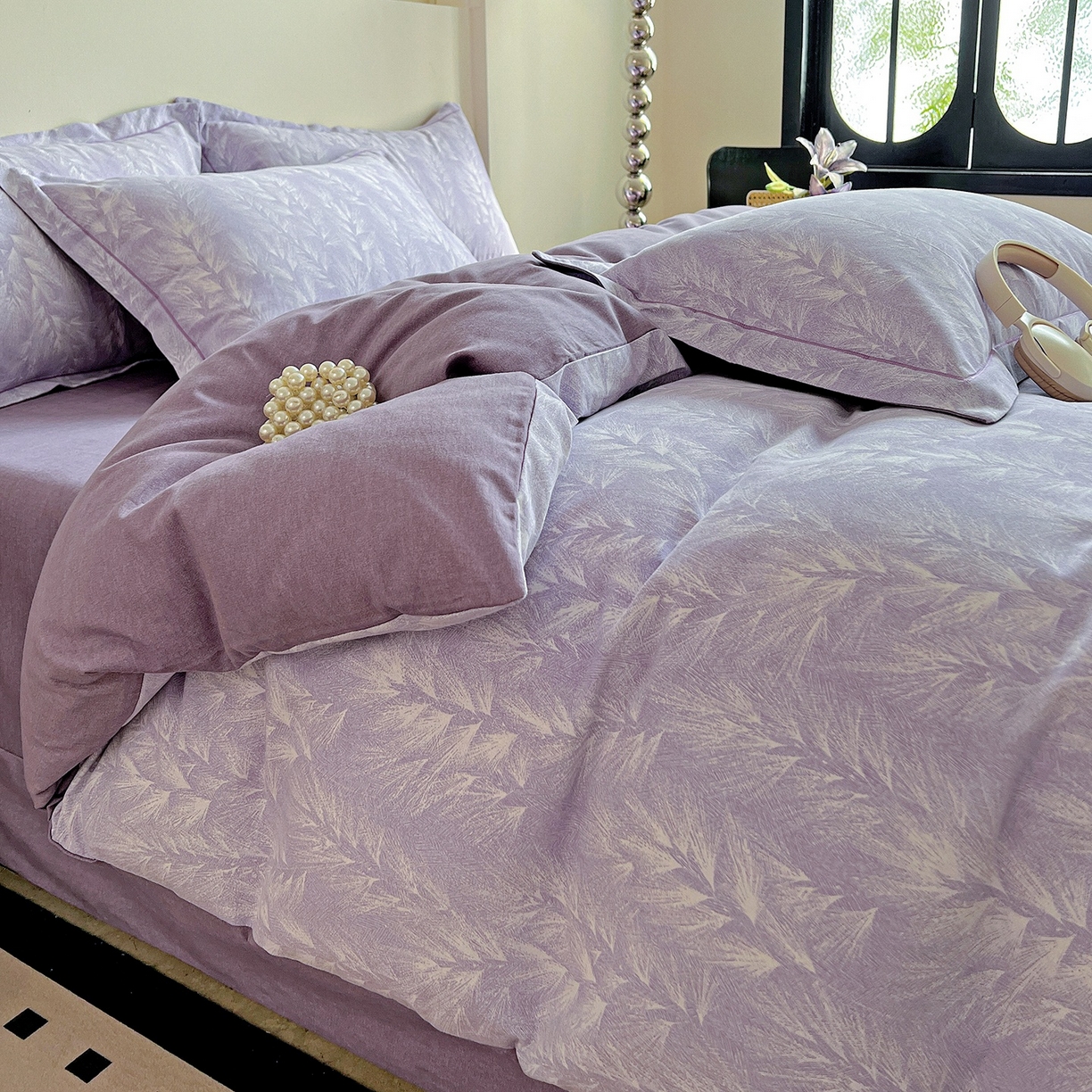 91家纺网 家纺一手货源 找家纺 亿梵家居 2026新款全棉纯棉磨毛四件套 丰收季节-紫