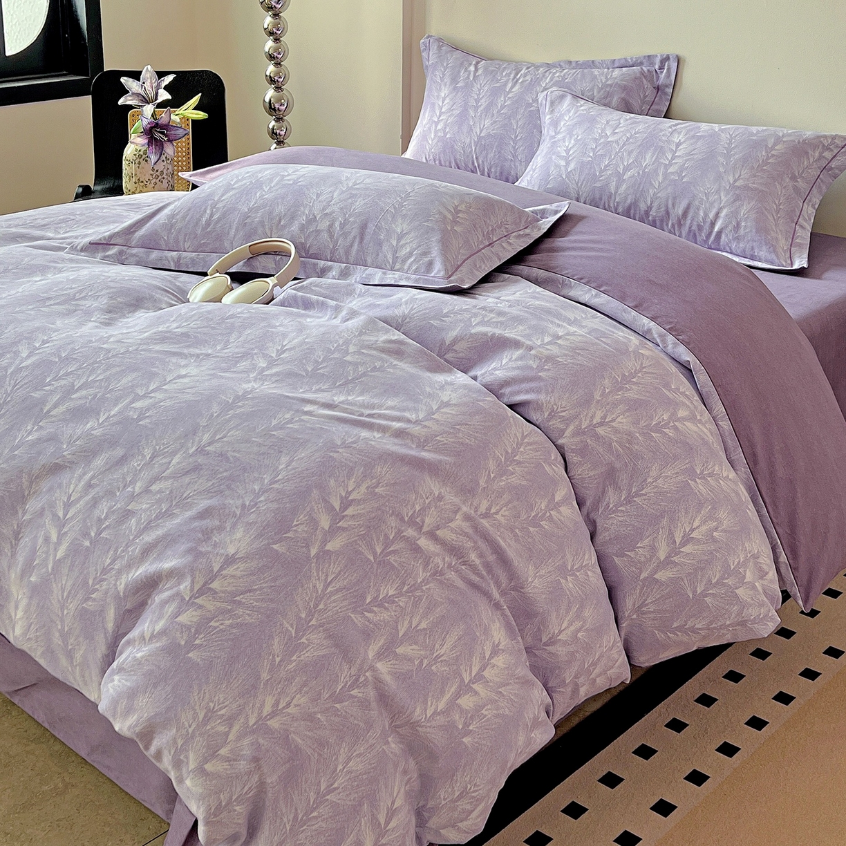 91家纺网 家纺一手货源 找家纺 亿梵家居 2026新款全棉纯棉磨毛四件套 丰收季节-紫