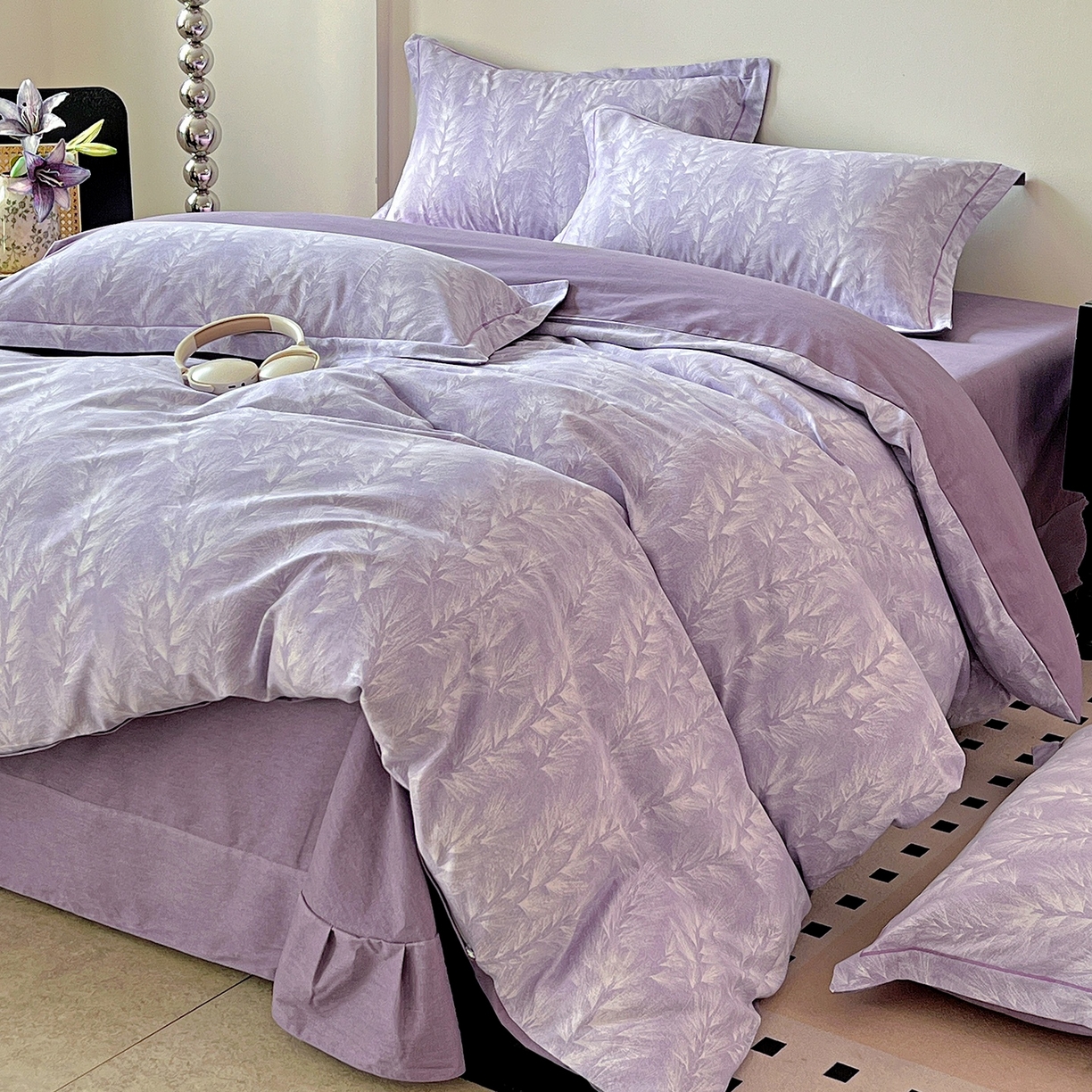 91家纺网 家纺一手货源 找家纺 亿梵家居 2026新款全棉纯棉磨毛四件套 丰收季节-紫