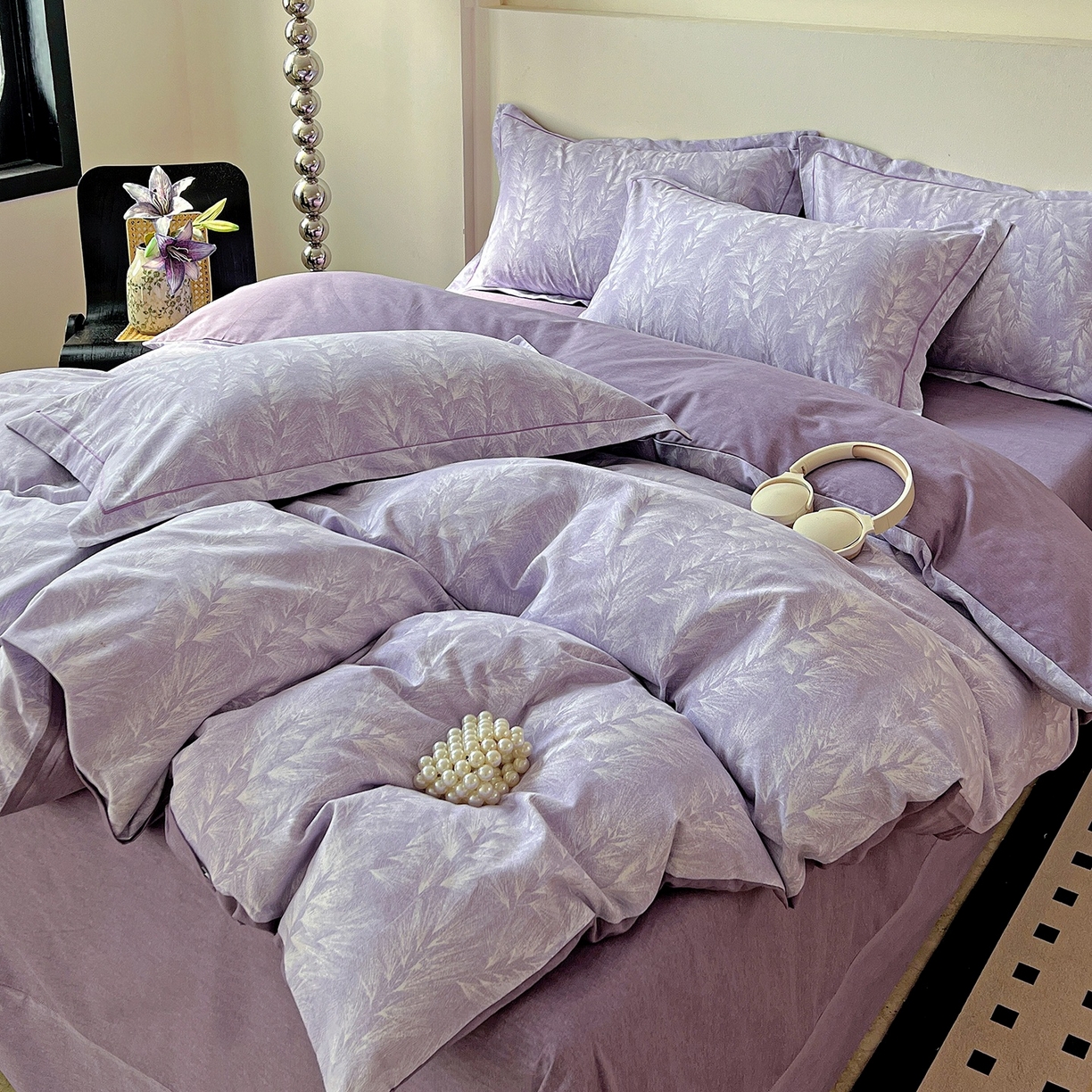 91家纺网 家纺一手货源 找家纺 亿梵家居 2026新款全棉纯棉磨毛四件套 丰收季节-紫