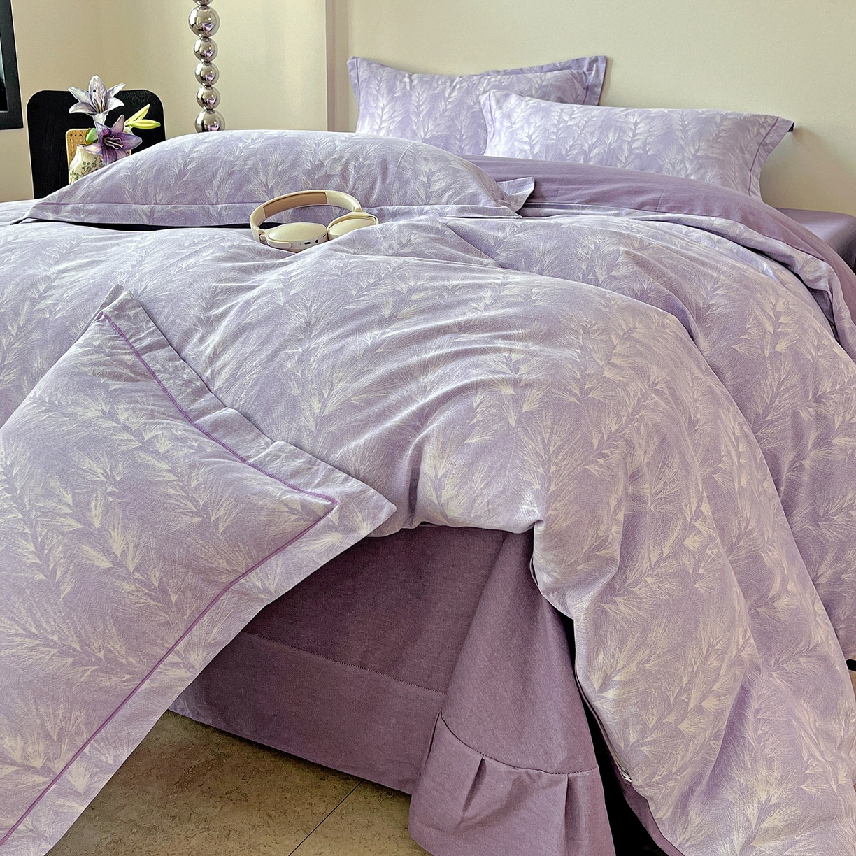 91家纺网 家纺一手货源 找家纺 亿梵家居 2026新款全棉纯棉磨毛四件套 丰收季节-紫