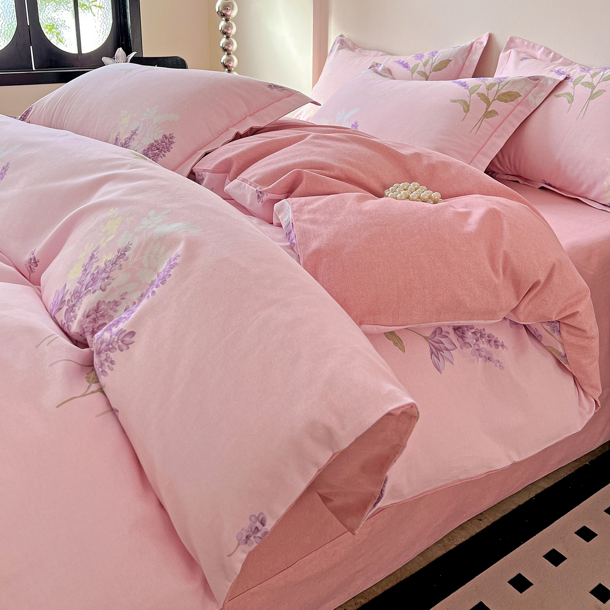 91家纺网 家纺一手货源 找家纺 亿梵家居 2026新款全棉纯棉磨毛四件套 风中摇曳-粉