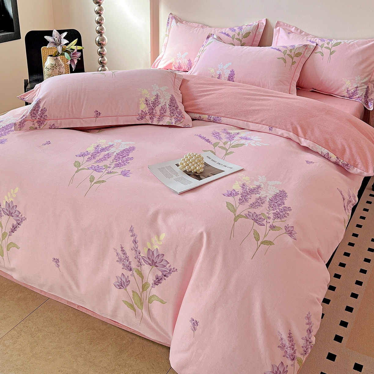 91家纺网 家纺一手货源 找家纺 亿梵家居 2026新款全棉纯棉磨毛四件套 风中摇曳-粉