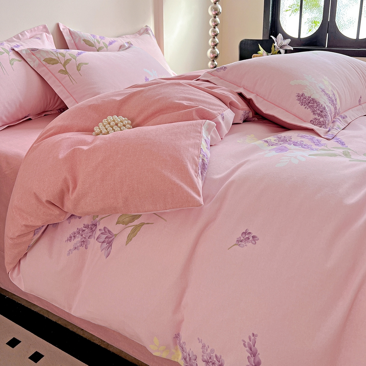 91家纺网 家纺一手货源 找家纺 亿梵家居 2026新款全棉纯棉磨毛四件套 风中摇曳-粉