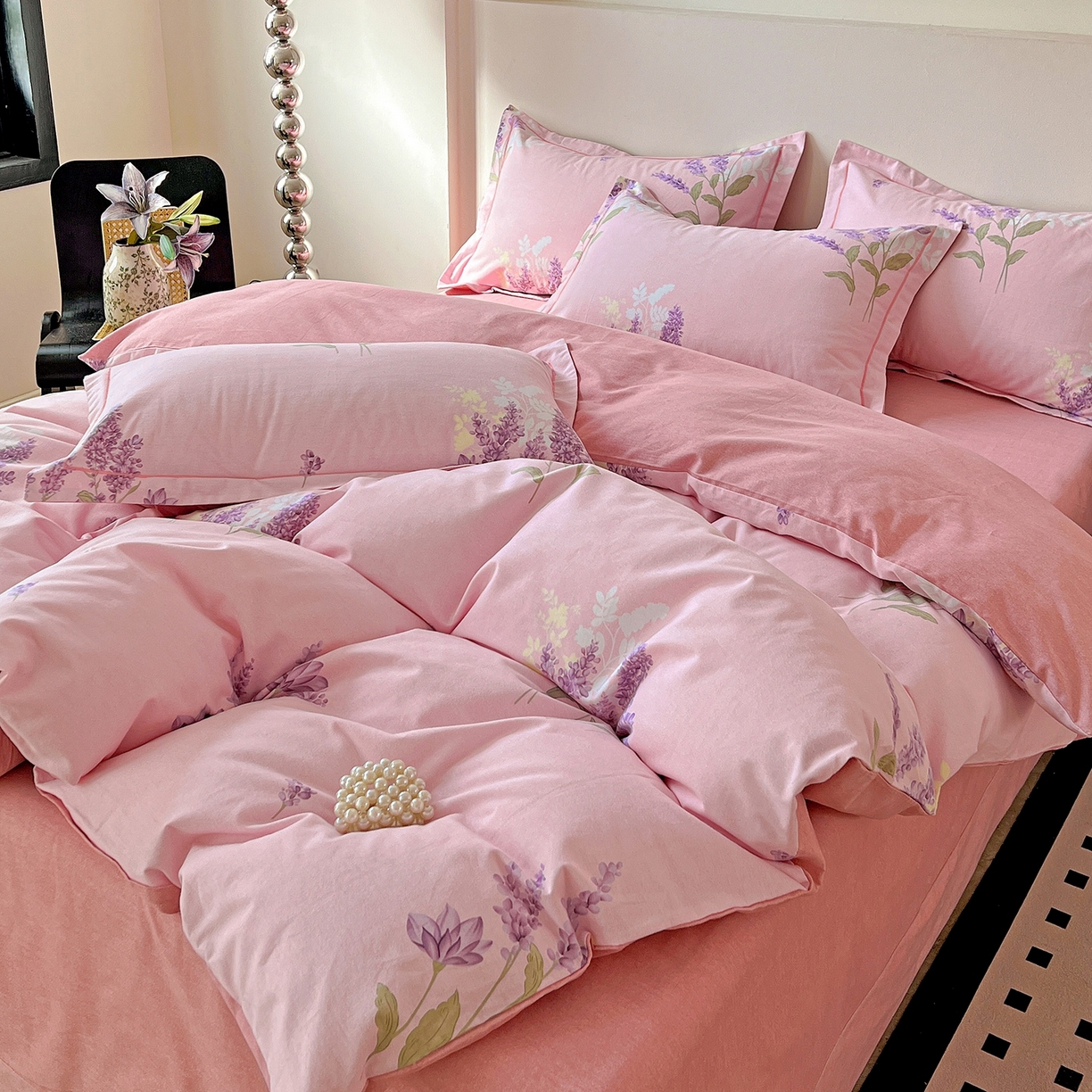 91家纺网 家纺一手货源 找家纺 亿梵家居 2026新款全棉纯棉磨毛四件套 风中摇曳-粉