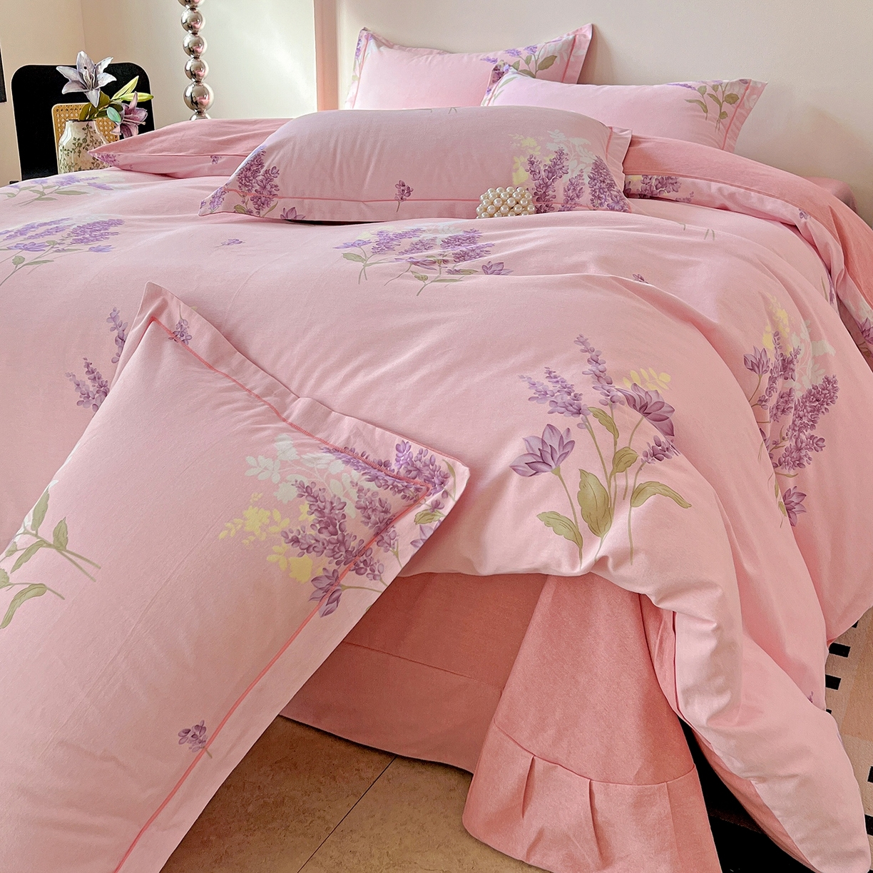 91家纺网 家纺一手货源 找家纺 亿梵家居 2026新款全棉纯棉磨毛四件套 风中摇曳-粉